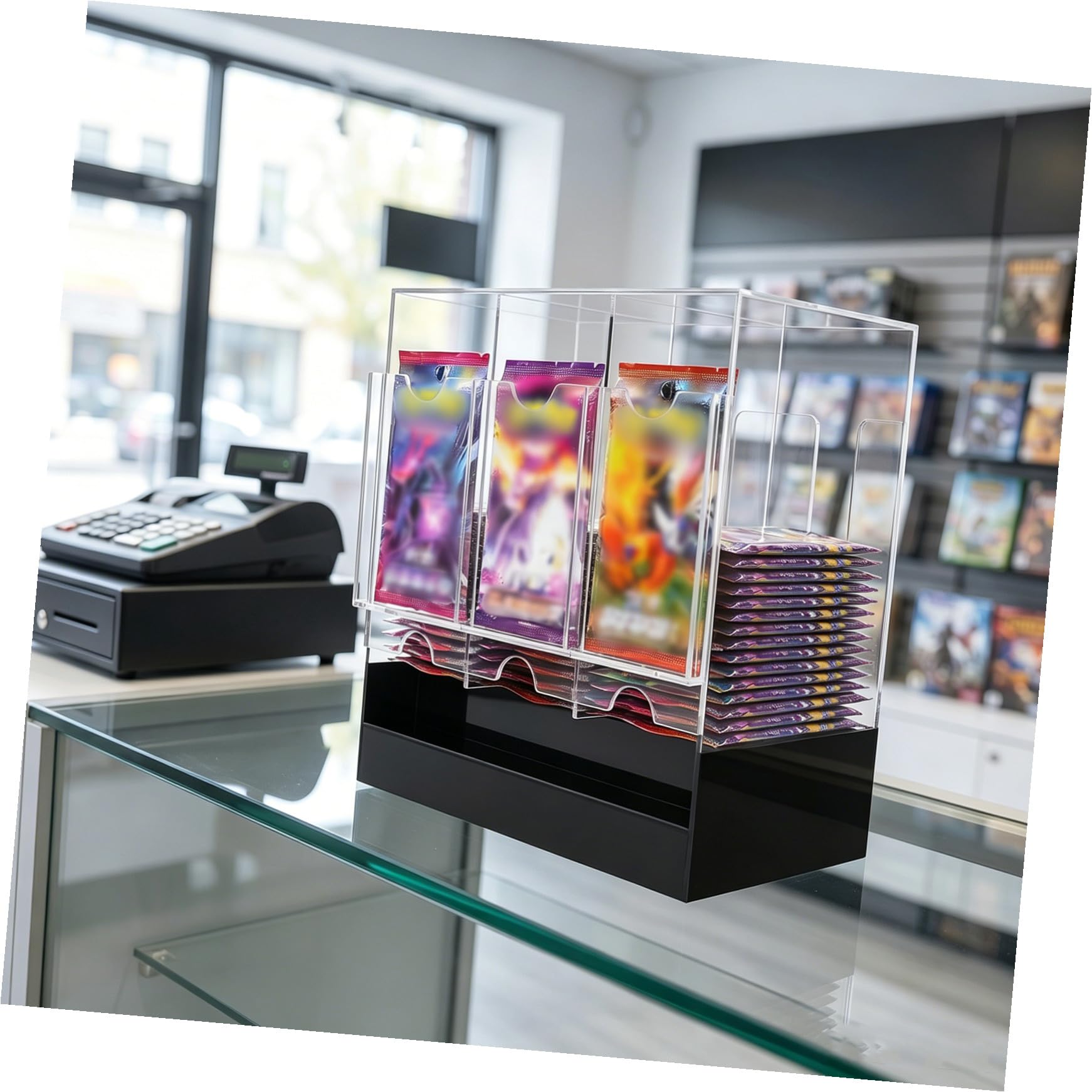 Toyvian Espositore con 3 Scomparti per Carte da Gioco in Acrilico Trasparente per Più di 36 Pacchetti, Superficie Opaca, per Organizzare e Mostrare Carte in Negozi e Scaffali