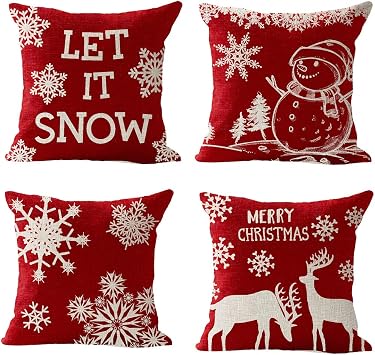 Pack of 4 Merry Christmas Snowflake Let It Snow Snowman Pine Tree Elk Moose Blessing Gift Cotton Linen Square Throw Waist Pillow Case Decorative Cushion Cover Pillowcase Sofa 18"x 18"