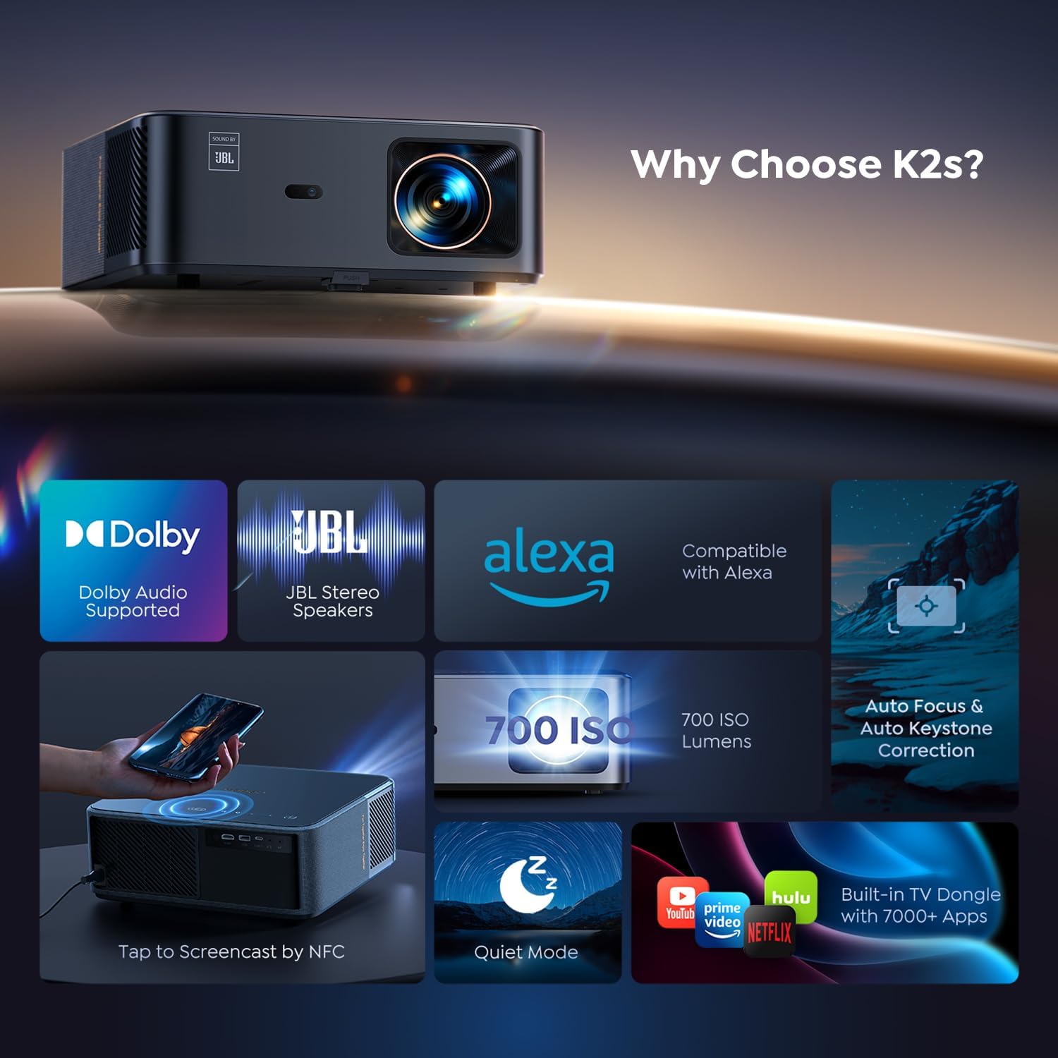 Projector 4K with Google TV, YABER K2s WiFi 6 Bluetooth Projector, Sound by JBL, Dolby Audio, Auto Focus & Keystone,Native 1080P 4K Supported Outdoor Movie Projector with Netflix 7000+ Apps (Renewed)