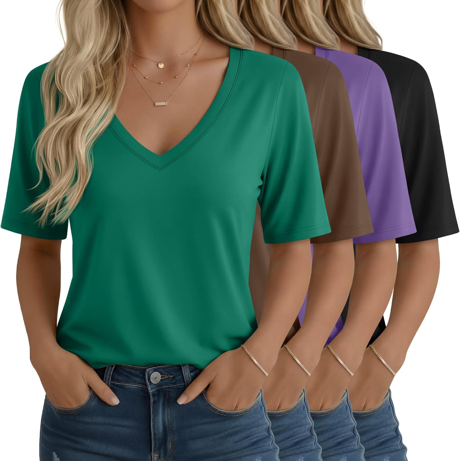 4 Pack Women’s Half Sleeve Shirts V Neck Tops Elbow Length Loose Fit Straight Hem T Shirts Casual Summer Tees