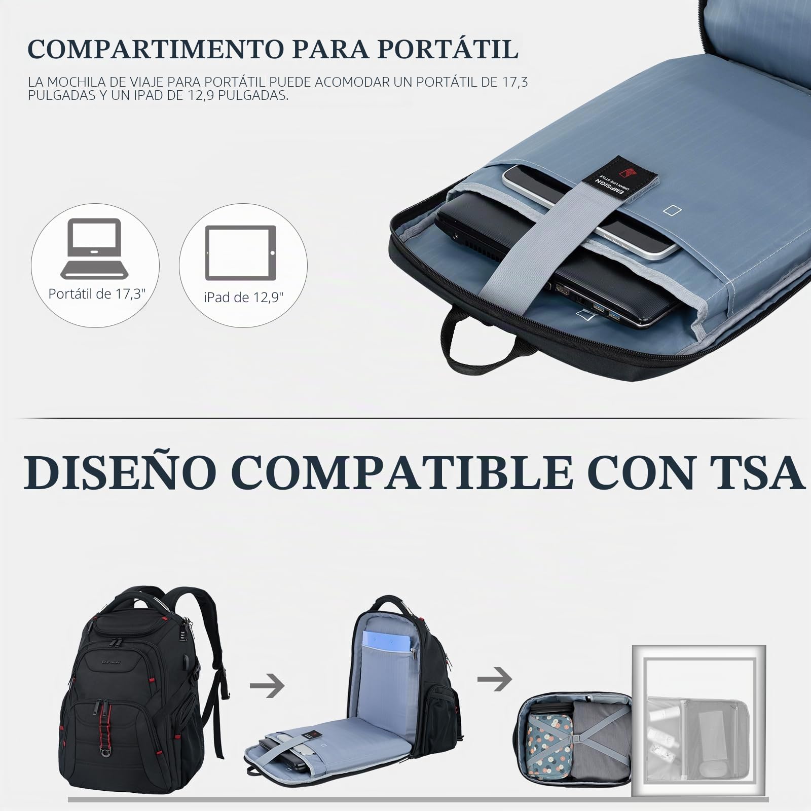 EMPSIGN Mochila Portátil 17" Hombre Antirrobo USB Resistente al agua, Negro | compartimento acolchado, apertura 180°, correa para maleta, transpirable 3D, gran capacidad, costuras reforzadas