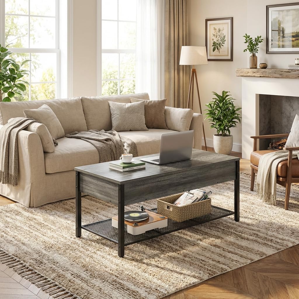 Homieasy 41.7" Lift Top Coffee Table for Living Room, Wood Center Table with Hidden Compartment and Storage Shelf, Modern Rising Tabletop Desk for Small Space, Black Oak
