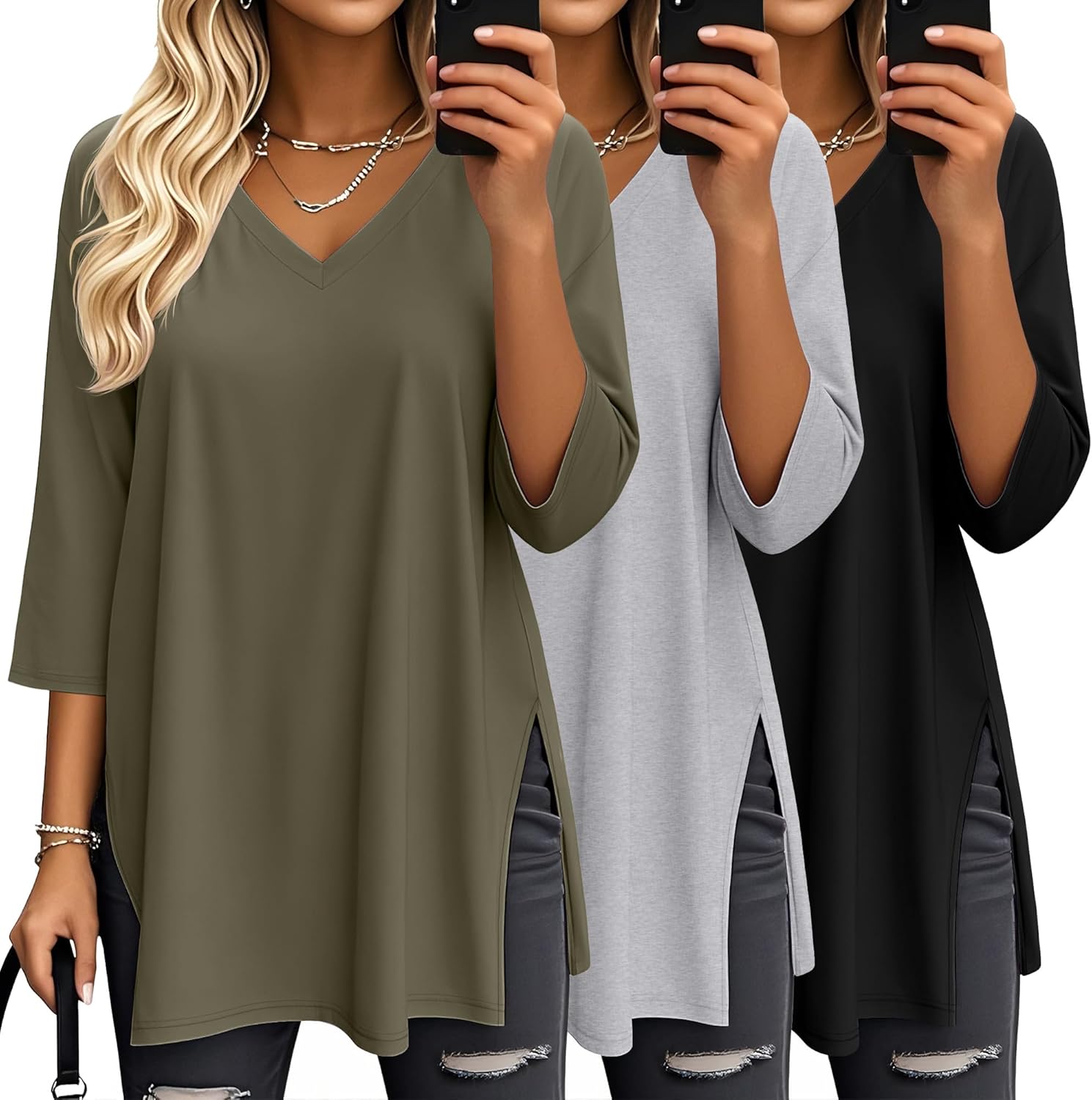 Velvelhall 3 Pack Women's 3/4 Sleeve Oversized T-Shirts V Neck Comfy Casual Tunic Tops Knit Side Basic Split Loose Fit Tees