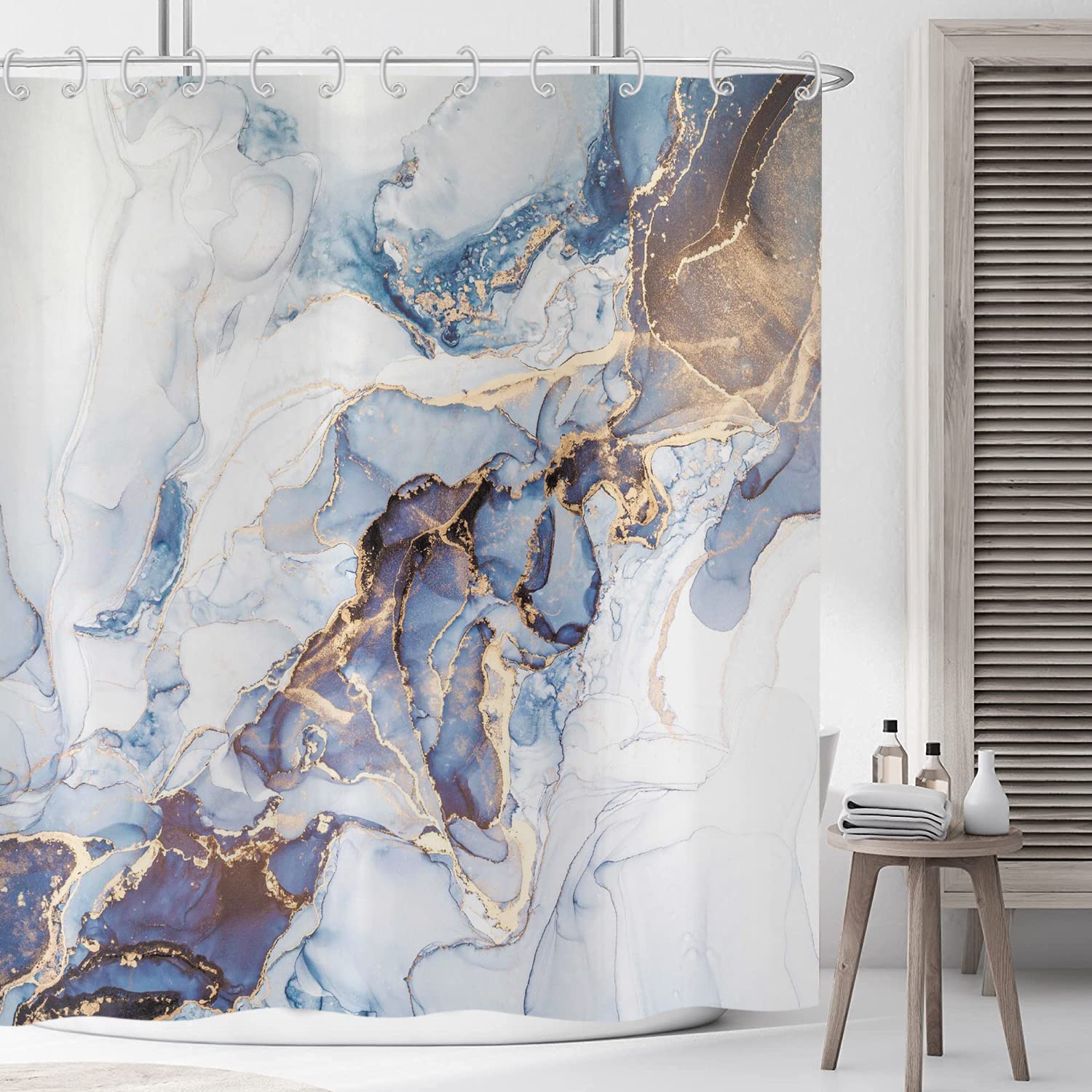 ASDCXZ Cortina de Ducha Mármol Azul 180x200 cm, Moderna Abstracta Azul Dorado Mármol Tela Lavable Cortinas de Ducha de Baño Textil de Cortina Ducha de Baño Impermeable con 12 Ganchos