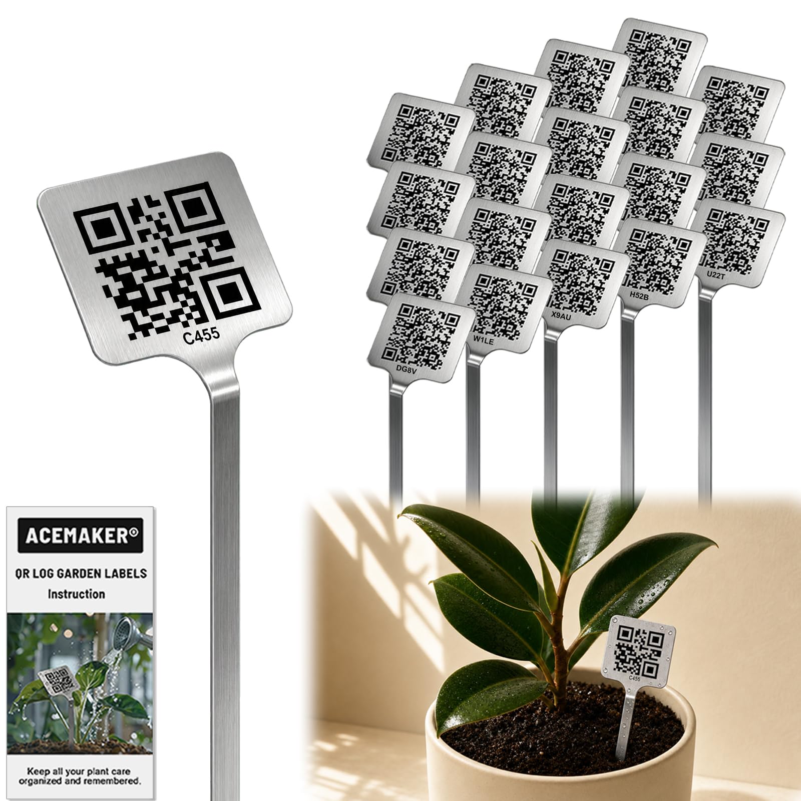 QR Pflanzenetiketten, Scan-to-Record Pflanzenpflege-Tracker, 20 Stück | 304 Edelstahl Wasserdicht Gartenmarker mit Digitaler Pflanzenpflege Log, Ohne App oder Abonnement für Baum, Blumen & Kräuter