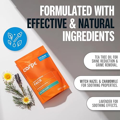 Miniatura 5 de Carpe Toallitas faciales que absorben el sudor (15 toallitas faciales). Toallitas de aceite de hamamelis y árbol de té infundidas con eucalipto.