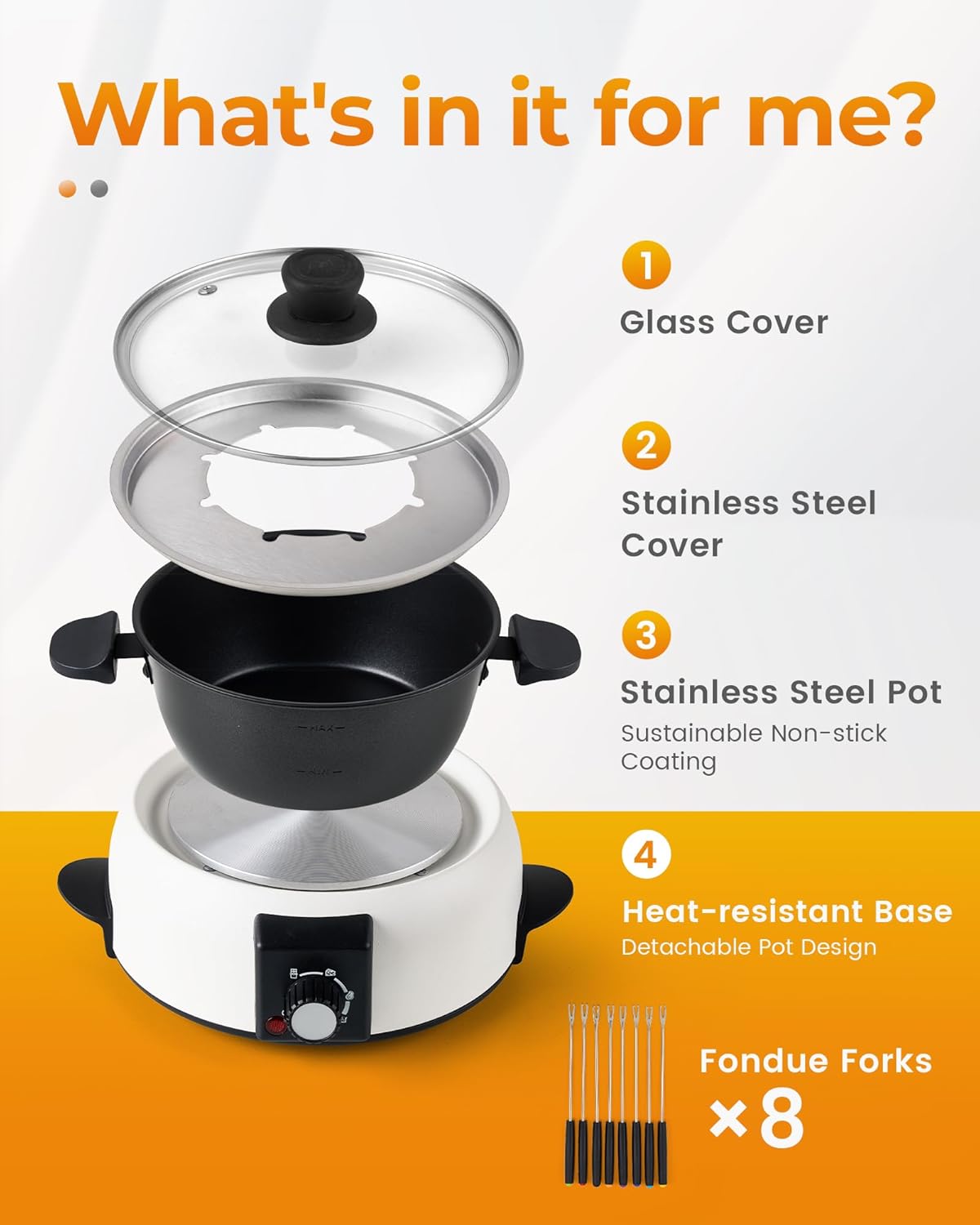 3-Quart Electric Fondue Pot Set – Stainless Steel Fondue Pot with 8 Color-Coded Forks, 3-Mode Adjustable Temperature Control for Cheese, Chocolate, Oil, and Hotpot, Model FD-10B - Image 5