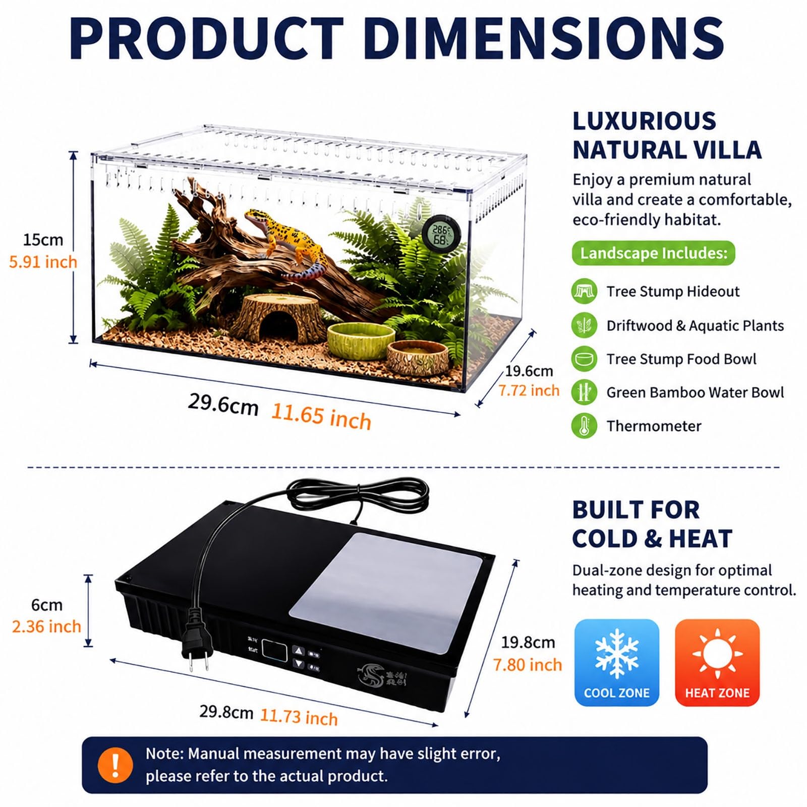 Terrario de Reptiles con Termostato Inteligente, Vivario de Doble Zona con Calefacción y Enfriamiento, Hábitat Transparente de Vista Completa, Temperatura Ajustable 15℃-55℃ para Gecko Leopardo(Black)
