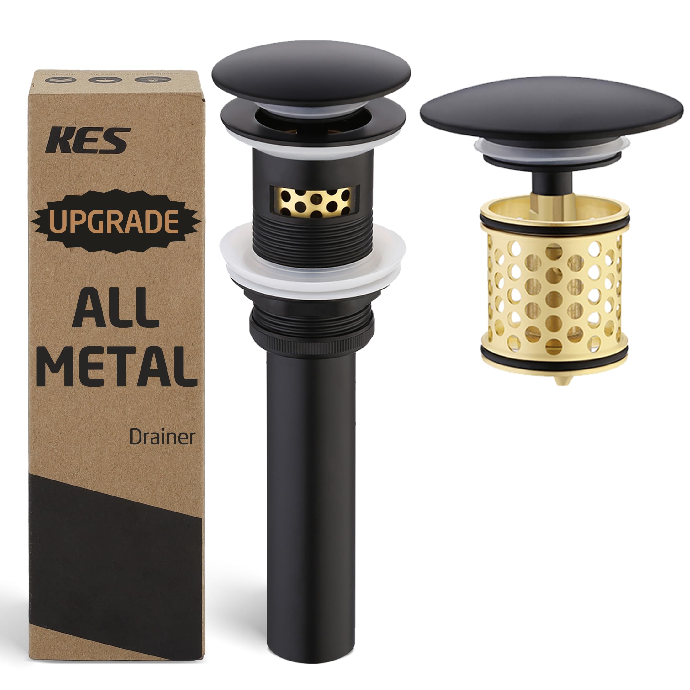 KES Bathroom Sink Drain with Overflow, All Metal Pop Up Drain for Bathroom Sink Stopper with Brass Strainer Basket Hair Catcher Anti Clog Rustproof 18