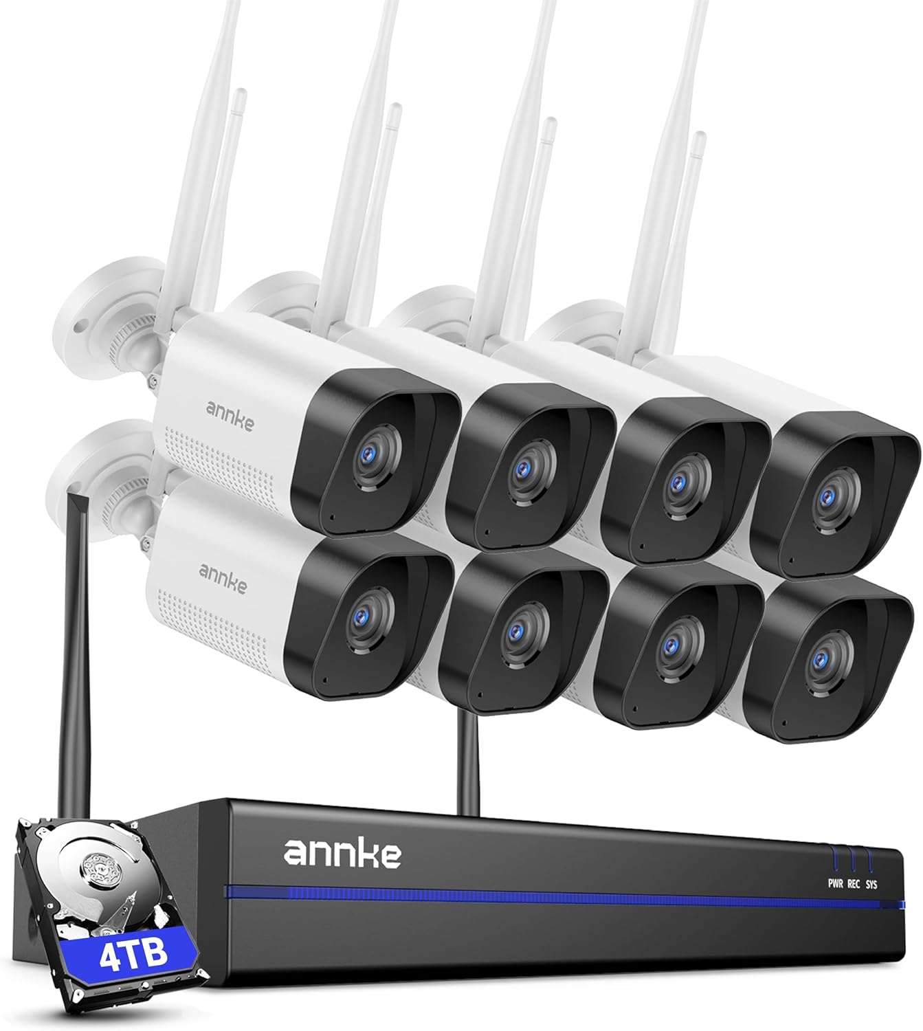 ANNKE Security Camera System, 8pcs Wireless 3MP IP Cameras with 16CH 8MP 4K NVR for Home Security Outdoors, Motion Detection, Two-Way Audio, 100ft Night Vision, Compatible with Alexa, 4TB Hard Drive
