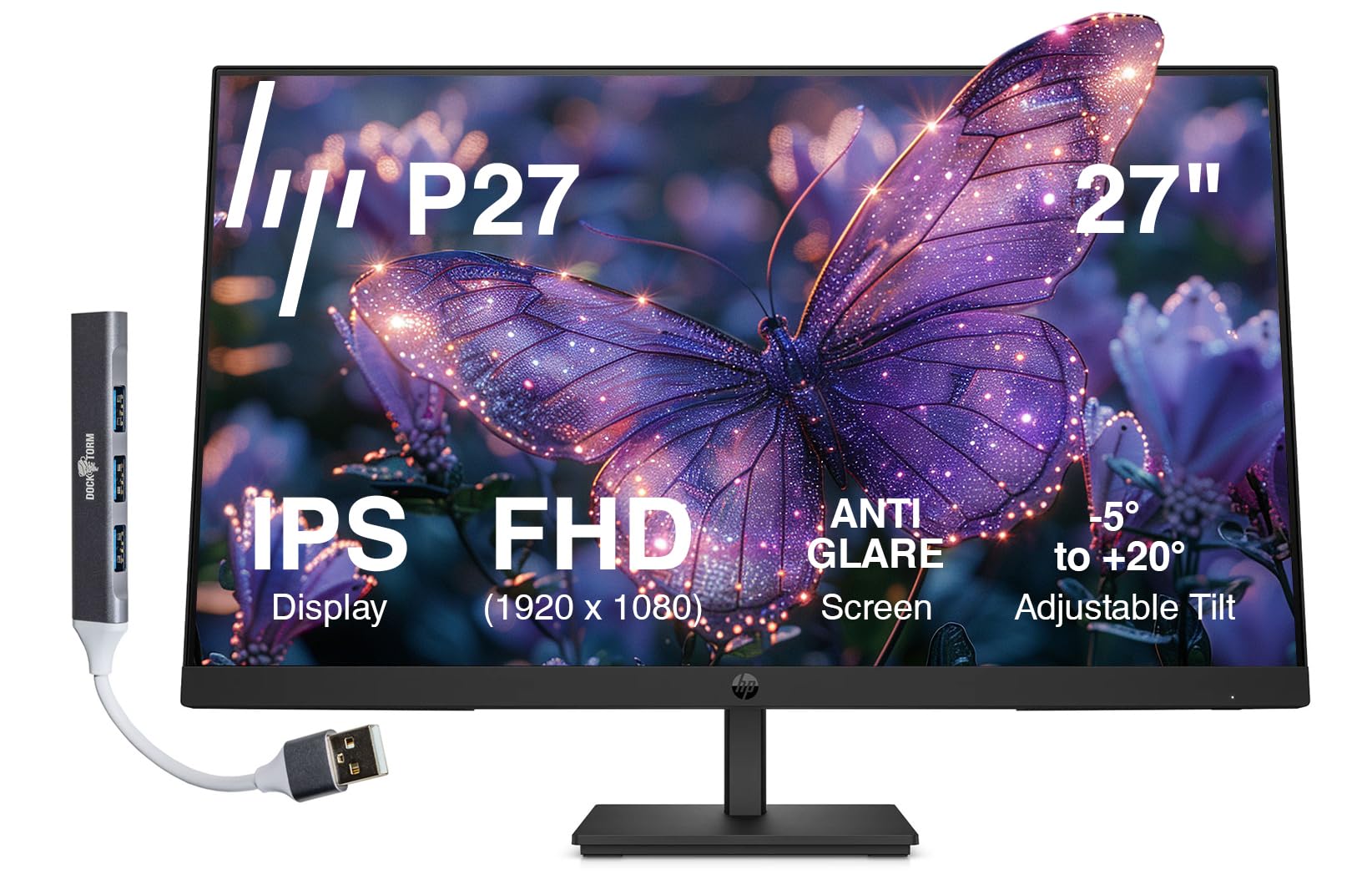 HP P27 G5 27" FHD IPS Monitor with 5ms Response Time, Anti Glare, Flicker Free, VESA Mount (100 x 100mm), Displayport, HDMI & Dockztorm USB Port