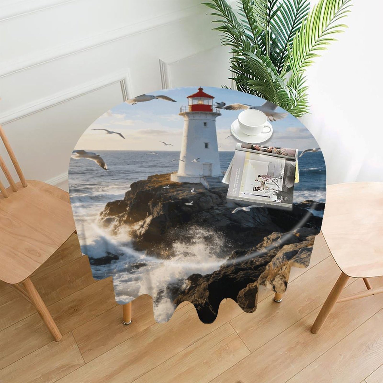 LZQPOEAS Lighthouse Seagull Tablecloth Easy to Clean Polyester Round Table Cover Washable Round Table Cloth Wrinkle-Free Circle Decoration Tablecloth for Kitchen and Dining Room 60"