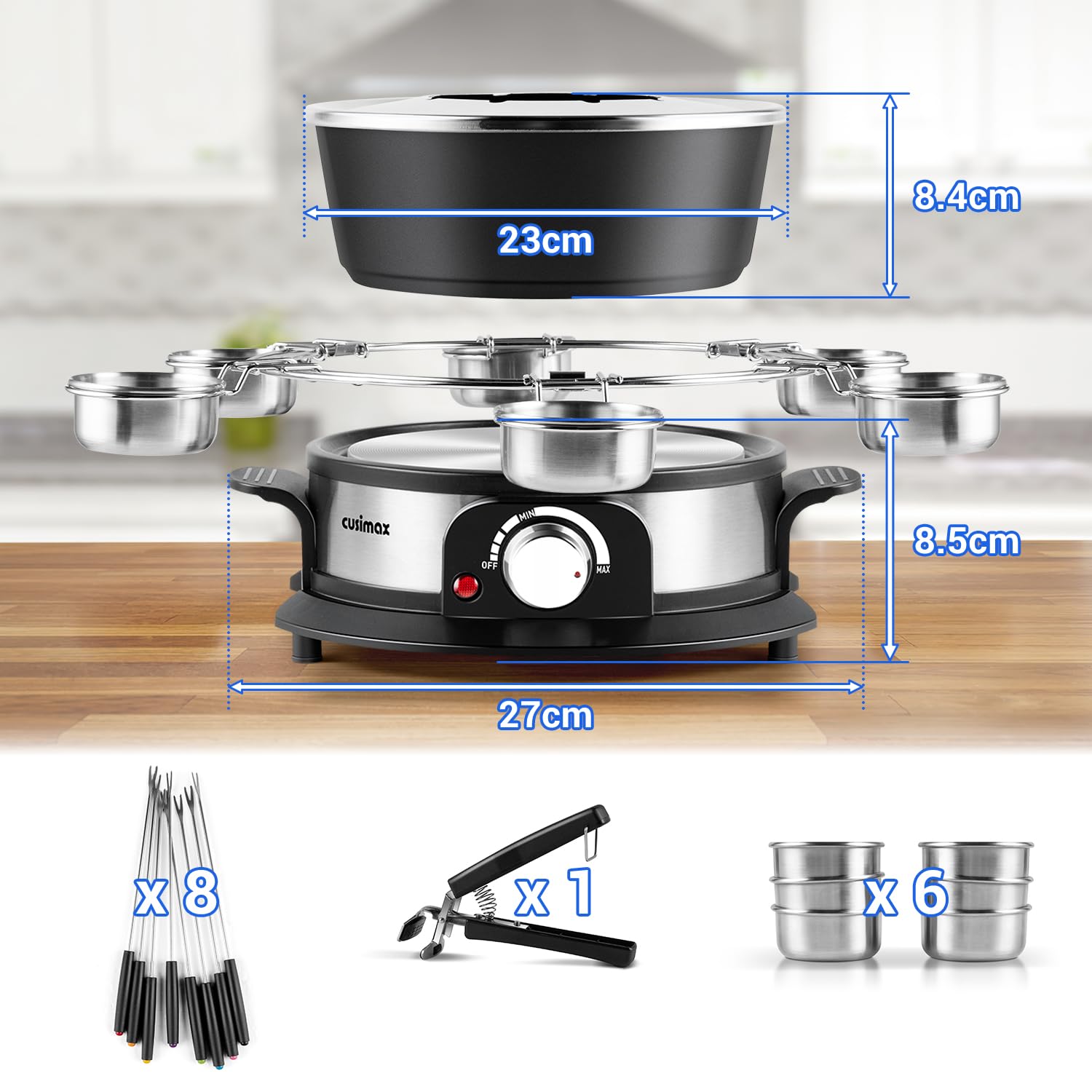 CUSIMAX Elektrisches Fondue-Set mit 1300W Leistungsregelung für Käse, Schokolade, Öl und Brühe, 2L Antihaft-Elektro-Fondue-Topf mit 8 Gabeln, 6 Tassen und abnehmbarem Anti-Verbrühungs-Griff