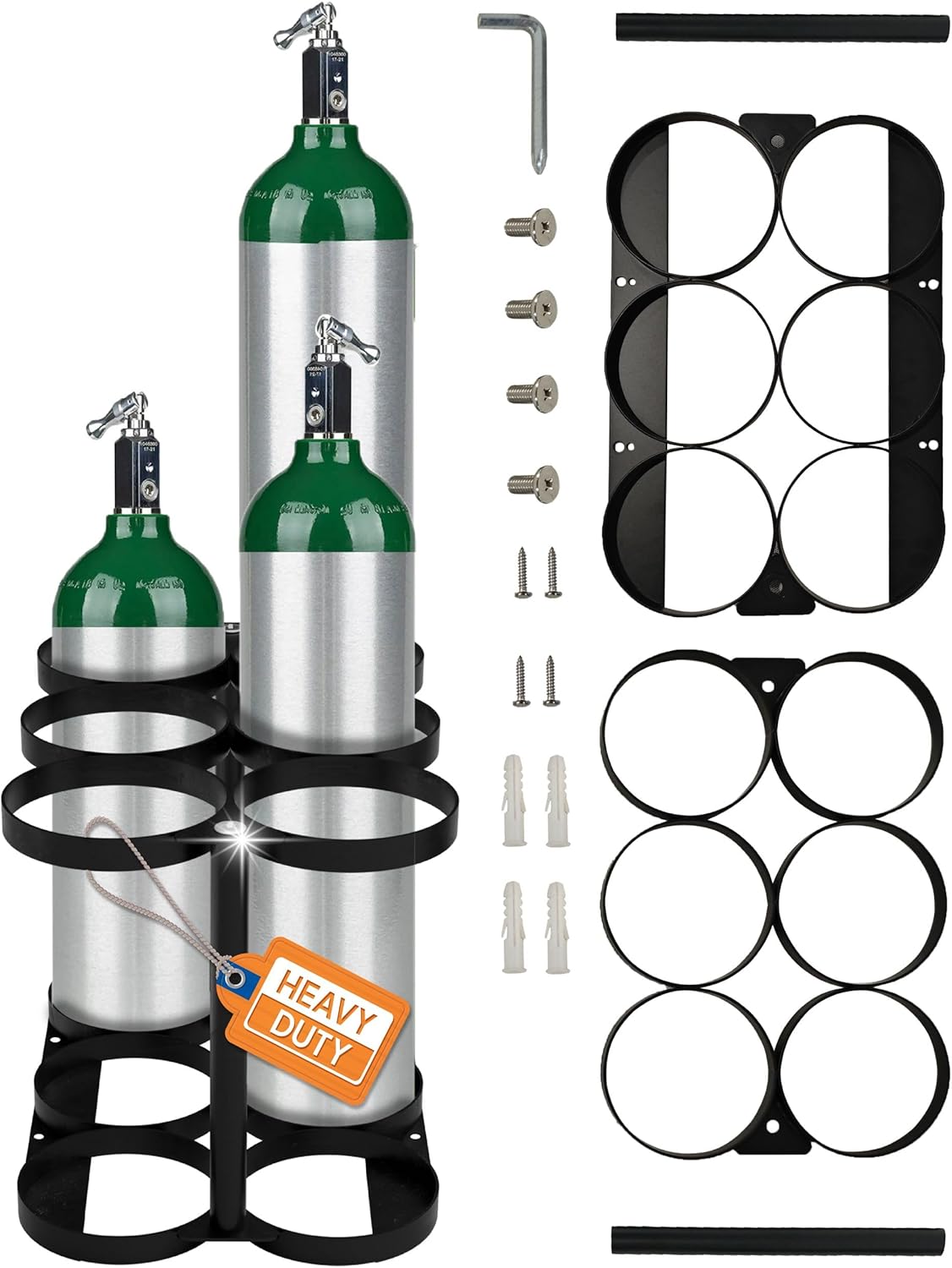 Detachable Oxygen Tank Holder (6) for E, D, M9/C Size Cylinders - Heavy Duty Metal Storage Rack - Portable Oxygen Tank Carrier for Travel & Vehicle Use (Black) (4.5" Wide Slots)