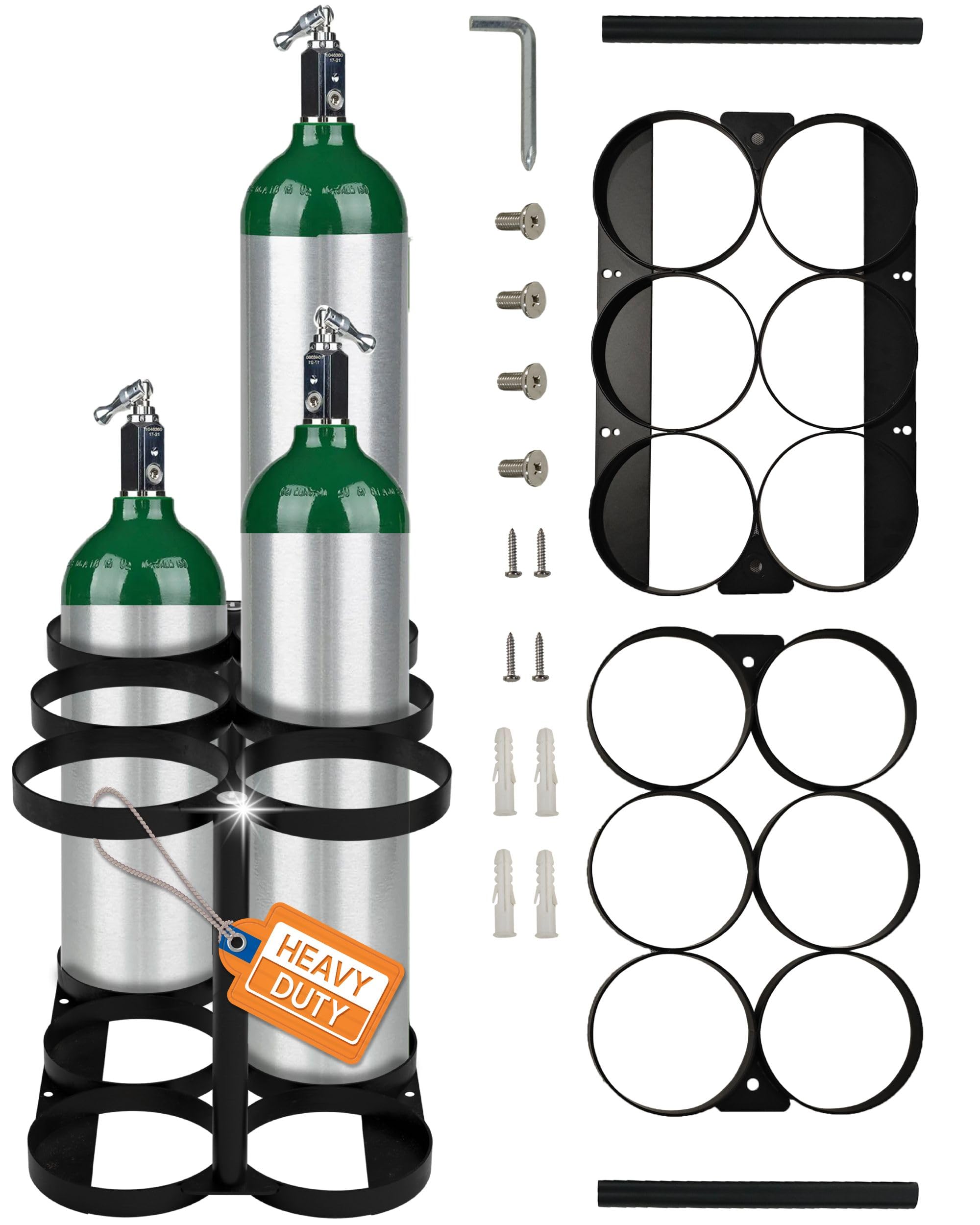 Detachable Oxygen Tank Holder (6) for E, D, M9/C Size Cylinders - Heavy Duty Metal Storage Rack - Portable Oxygen Tank Carrier for Travel & Vehicle Use (Black) (4.5" Wide Slots)