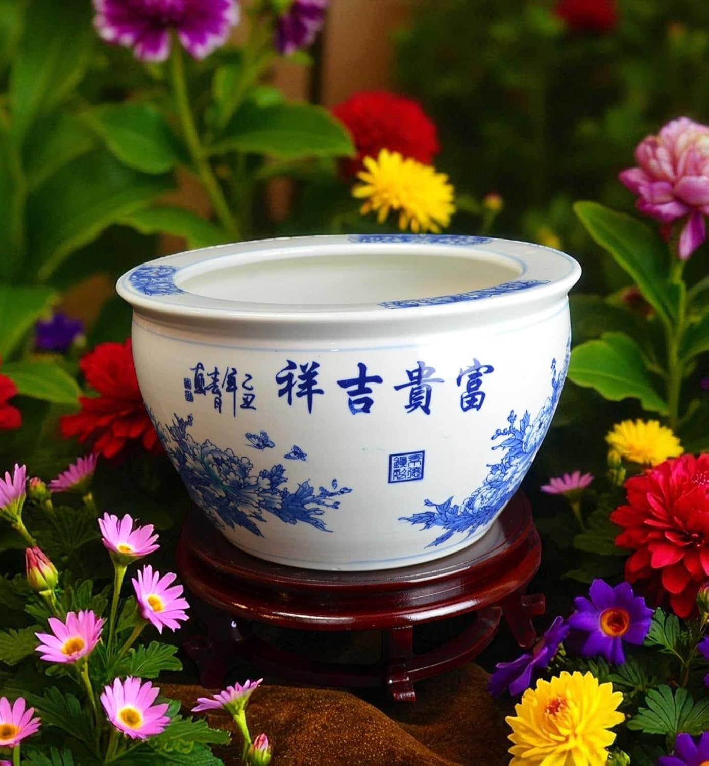 16" Porcelain Blue and White Fishbowl, Flowers Planter