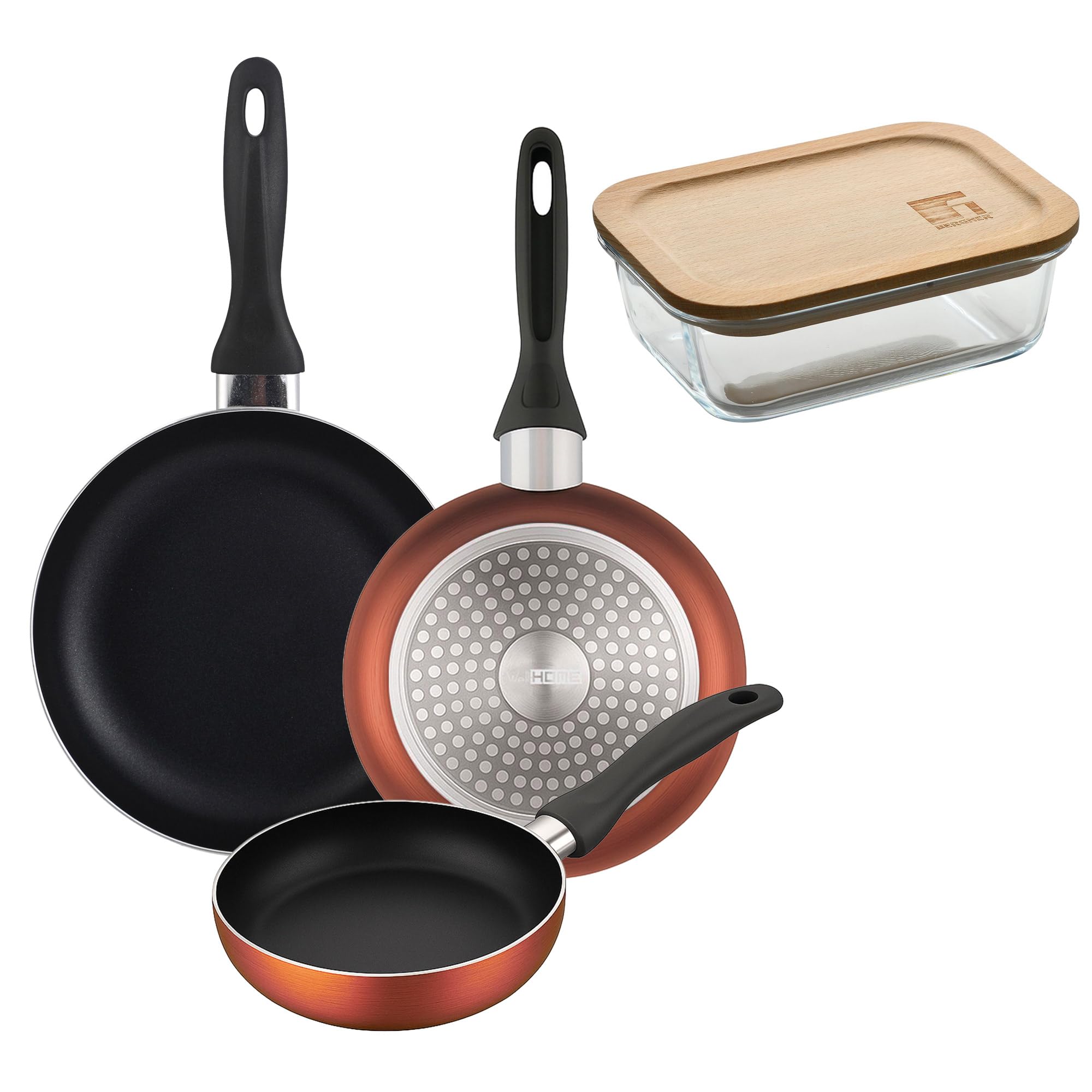 Well Home Lot de 3 poêles Ø16Ø20Ø24 cm en aluminium pressé en cuivre métallisé + Hermétique de 650 ml en verre borosilicate