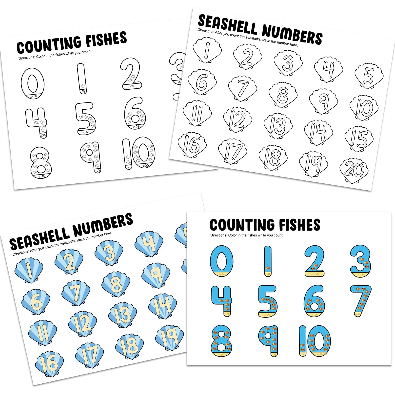 Lonfliness 48Pcs Coloring Counting Number Poster Ocean Fish Educational Learning Math Posters for Students Sea Animal DIY Coloring Games for Teacher School Classroom Home Nursery Activity Supplies