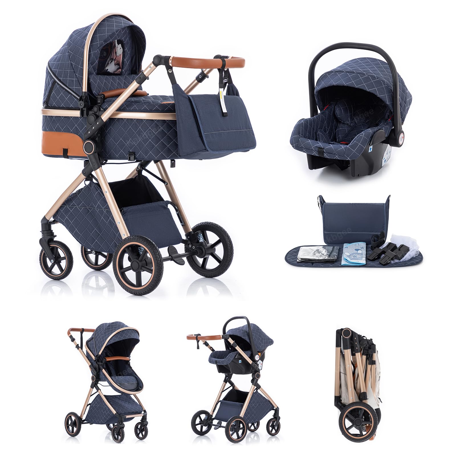 Kakbgee 3 in 1 Kinderwagen mit Babyschale, Faltbar Buggy, 7-fach höhenverstellbarem Griff, 4-Rad Federung, Regenschutz, Moskitonetz, Kombikinderwagen für Neugeborene 0-3 Jahre (15kg), Blau