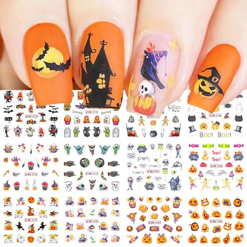 Halloween Nail Art Decals, Colorful Ghosts, Bats, Skulls, Pumpkins & Witches - Water Transfer Nail Tattoos for Women & Girls (12 Sheets)