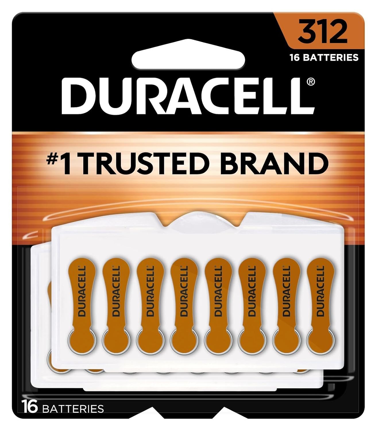 Duracell Hearing Aid Batteries Brown Size 312, 16 Count Pack, 312A Size Hearing Aid Battery with Long-lasting Power, Extra-Long EasyTab Install for Hearing Aid Devices