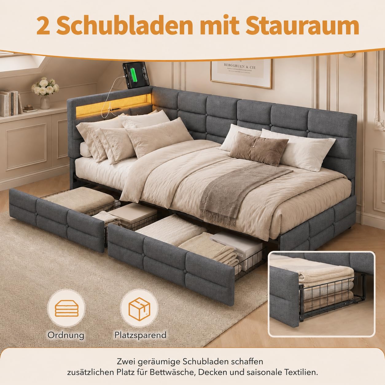 Polsterbett Schlafsofa 90x200 mit LED, Polsterbett Tagesbett Einzelbett, Jugendbett 90x200 mit 2 Schubladen und Stauraum, Jugendbett Tagesbett mit USB, Gästebett, Ohne Matratze, Grau