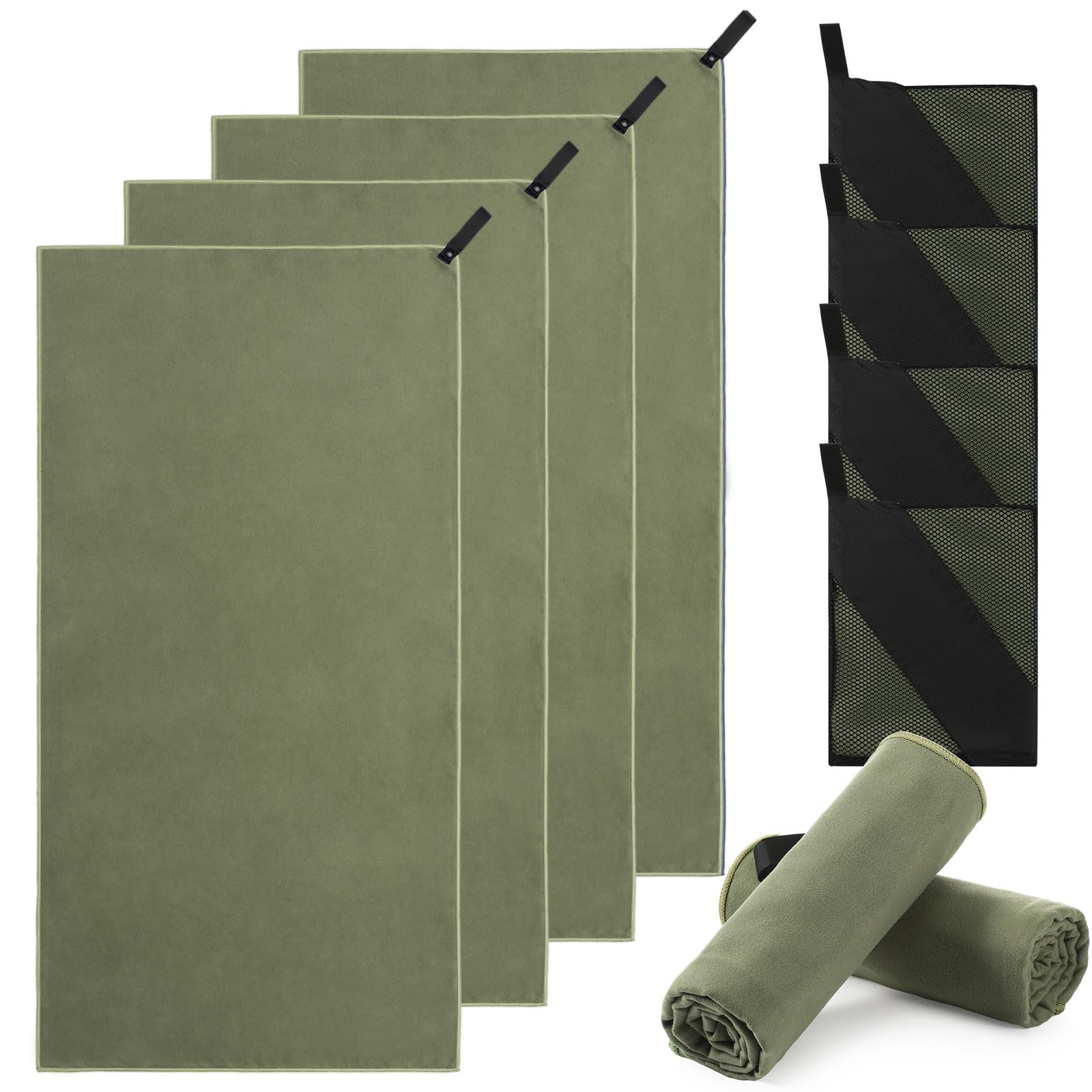 Hahafelt Juego de 4 toallas de viaje de microfibra absorbente de secado rápido de 47.24 x 23.62 pulgadas, para mochileros, camping, playa, gimnasio, deportes, yoga, piscina (verde militar)
