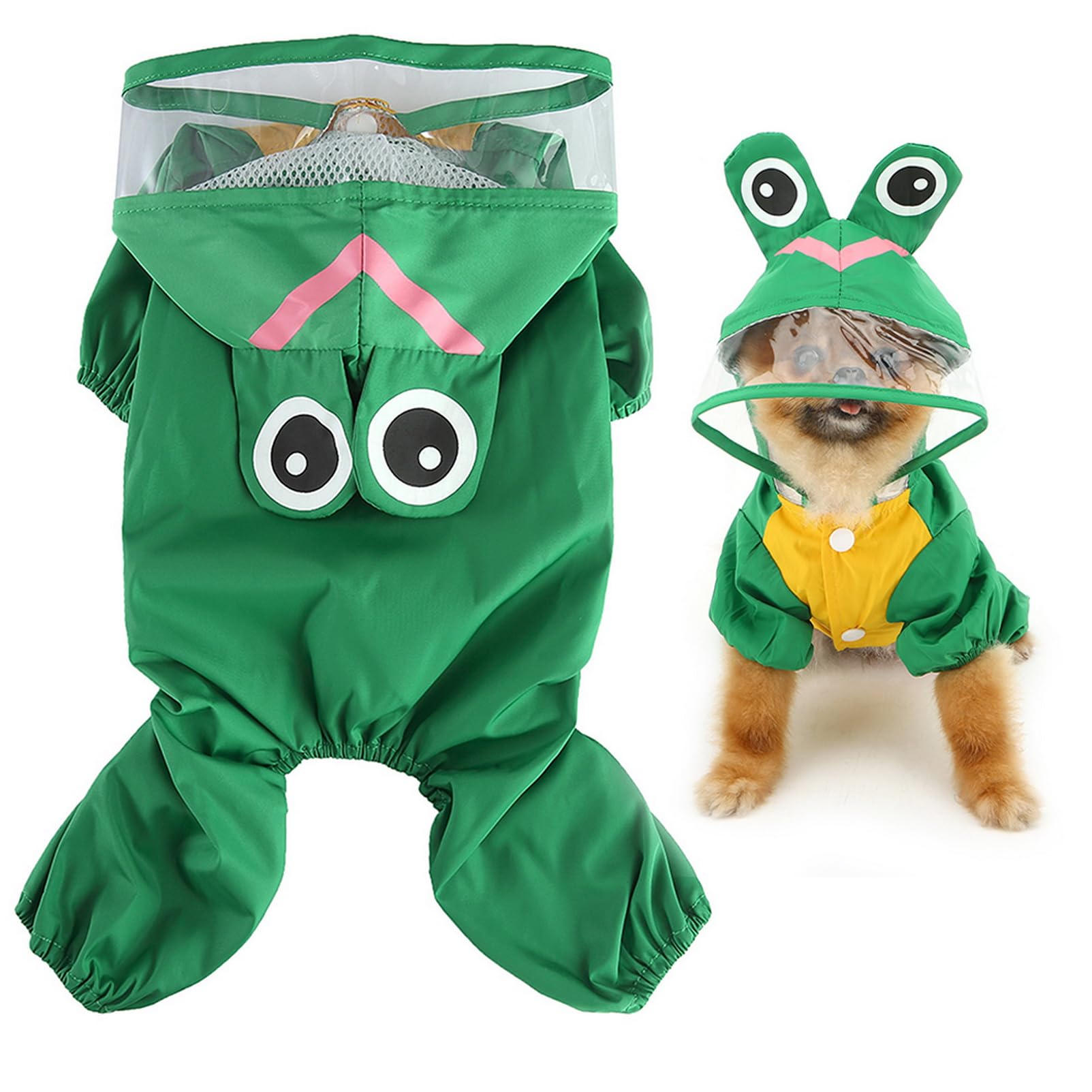 SMALLLEE_LUCKY_STORE Cute Frog Raincoat for Small Dogs with Hoood Leash D-ring Puppy Botton Down Rain Jacket Full Boby 4 leg Jumpsuit Lightweight Waterproof Clothes,Green M