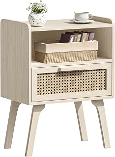 Lerliuo Rattan Nightstand, Side Table with Drawer Open Shelf | Bedside End Table with Solid Wood Legs, Mid Century Modern Night Stand for Bedroom, Dorm and Small Spaces (Grey White)