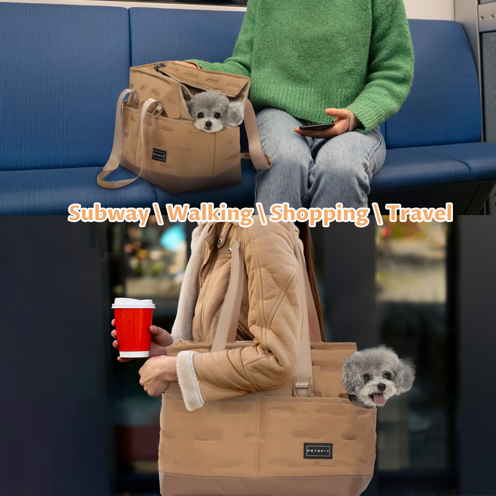 Petsfit Borsa per cani, guinzaglio di sicurezza regolabile, trasportino per animali domestici portatile, con tasche, fondo in TPU impermeabile, cachi