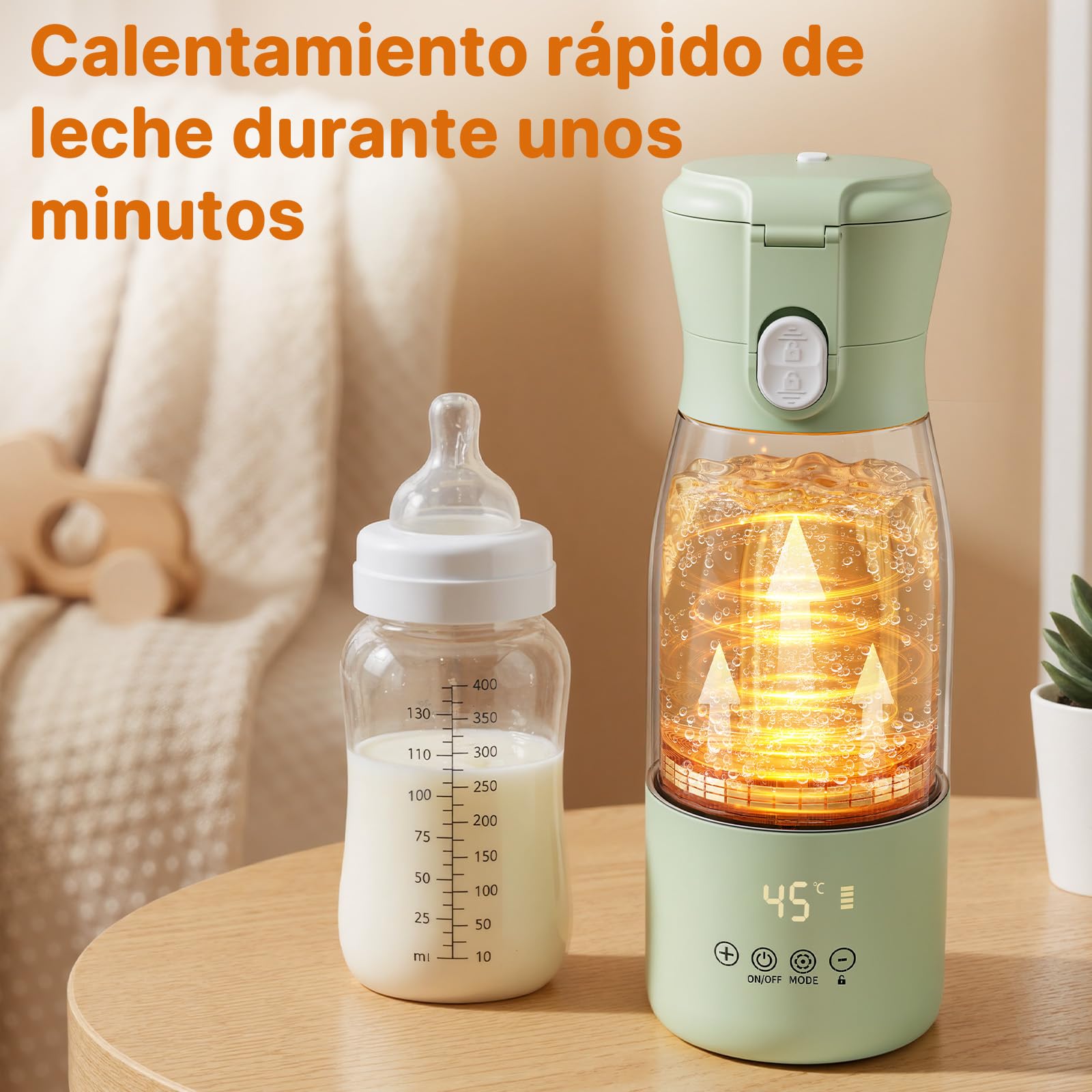 Calentador de Biberones Portátil 500ml, JDZ Calentador de Agua Recargable Sin Cables con Control de Temperatura, Aislamiento Térmico, Ideal para Viaje, Camping y Salidas con Bebé (Verde)