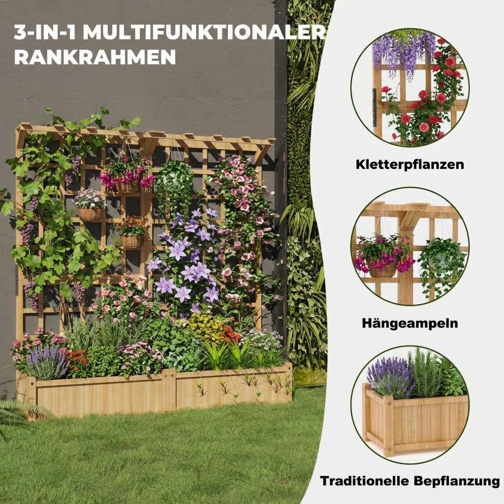 Hochbeet Holz 124x41x160cm, Rankgitter & Dach, 2 Ebenen, Balkon, Garten