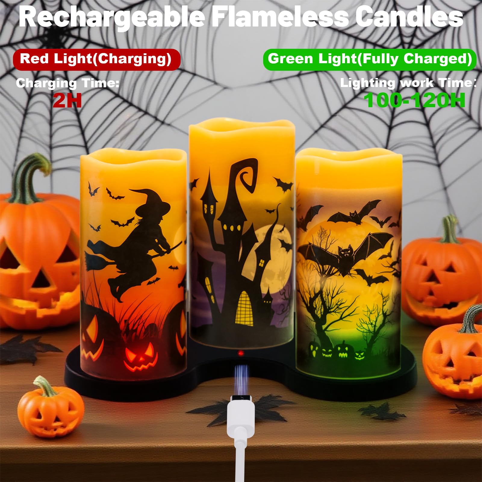 Candele ricaricabili per Halloween, senza fiamma, a batteria, con telecomando e timer, in vera cera tremolante, LED, pipistrelli, strega, zucca, cena, Halloween, decorazione per interni