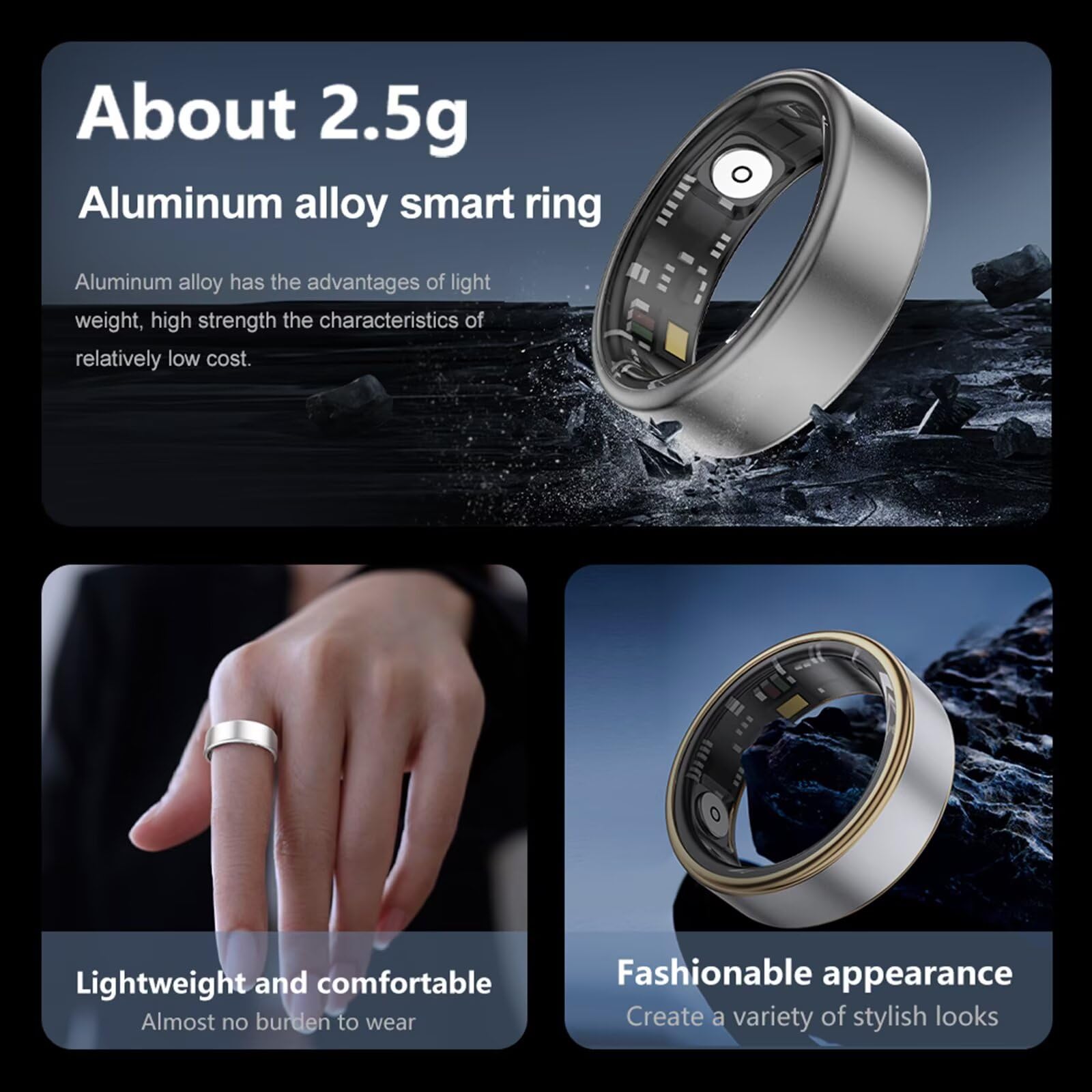 Bague intelligente Android IOS - Pour homme et femme - Suivi du sommeil - Moniteur de fréquence cardiaque - Podomètre - Sport - Bague intelligente - Fréquence cardiaque - Noir, or rose, argent