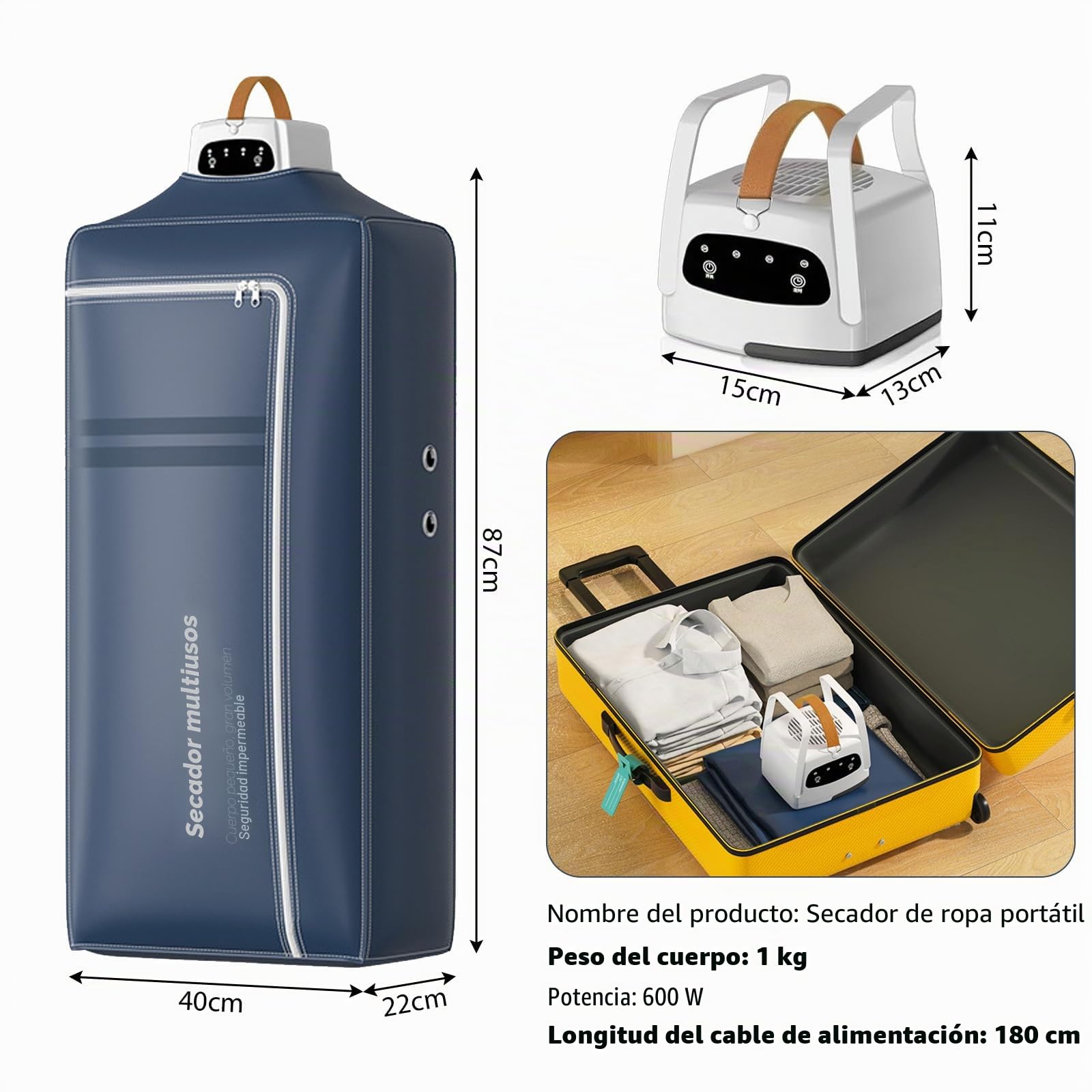 Secador de ropa portátil pequeño, mini secadora plegable con temporizador de 1-4H, secador de aire caliente eléctrico pequeño con bolsa de secado, secado 360°, mini secador para apartamento, casa