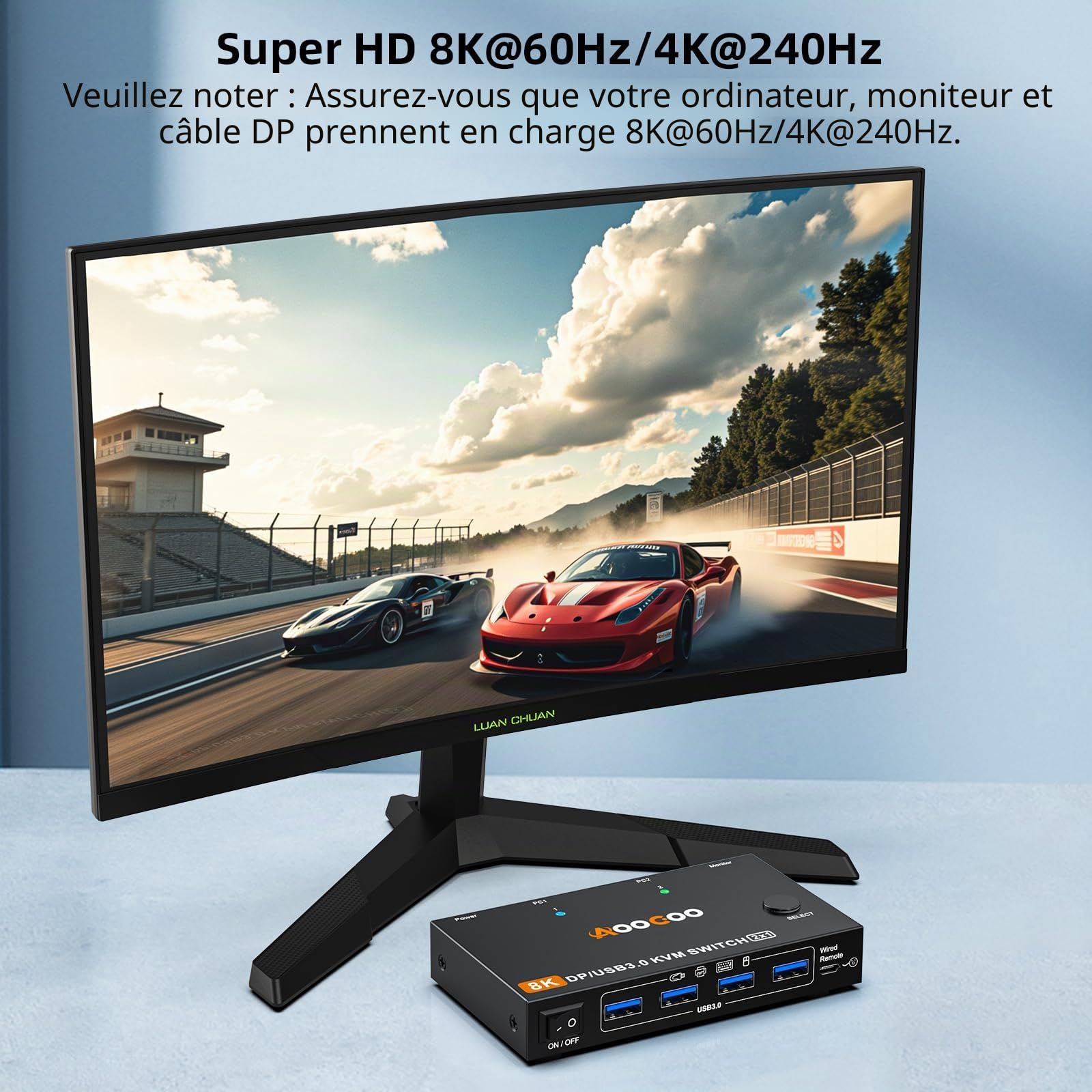Commutateur KVM DP1.4 2 PC 1 moniteur 8K à 60 Hz/4K à 240 Hz Commutateurs KVM télécommande filaire Câble USB 3.0 inclus