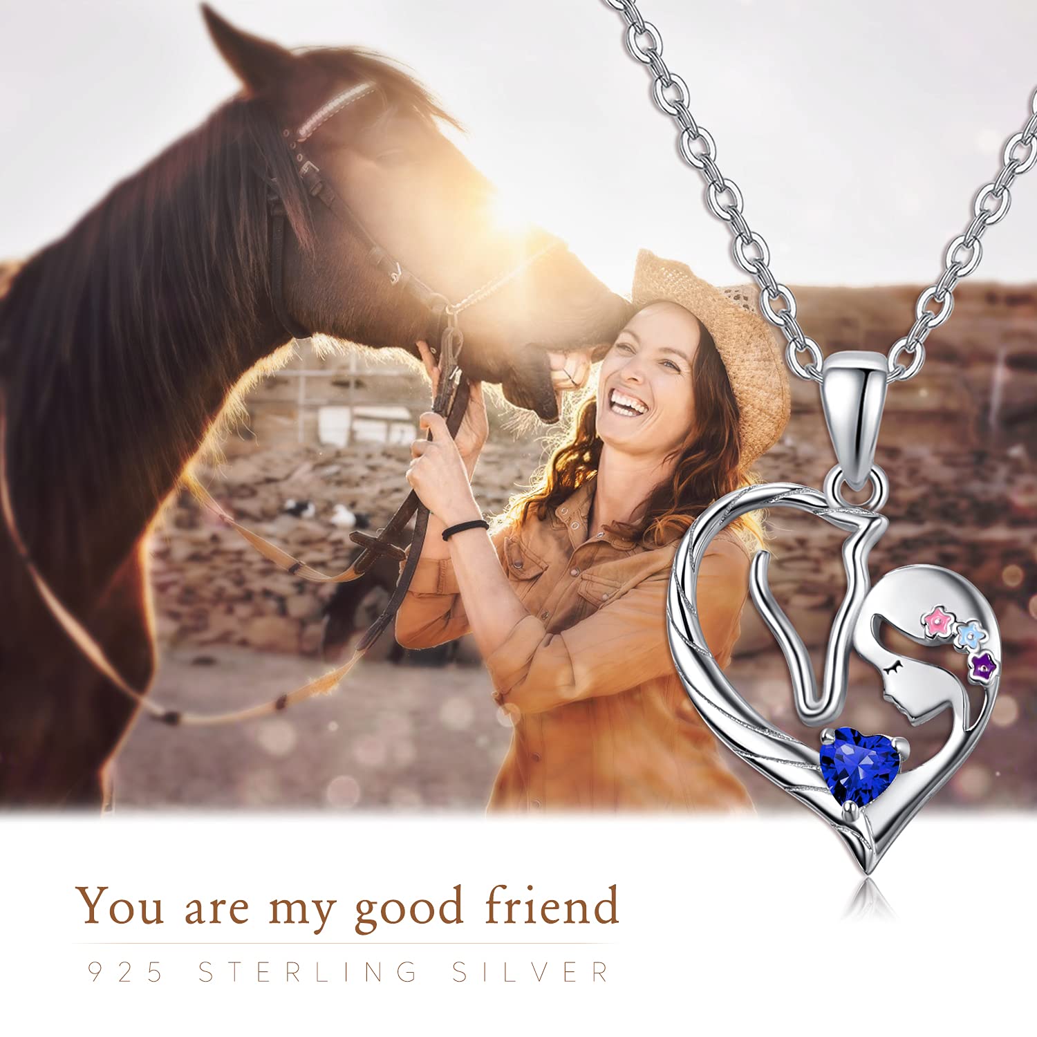 PRAYMOS Pferd Halskette Sterling Silber Herz Geburtsstein Kette Anhänger Pony Geschenk für Damen Frauen Mädchen Freund Pferdeliebhaber