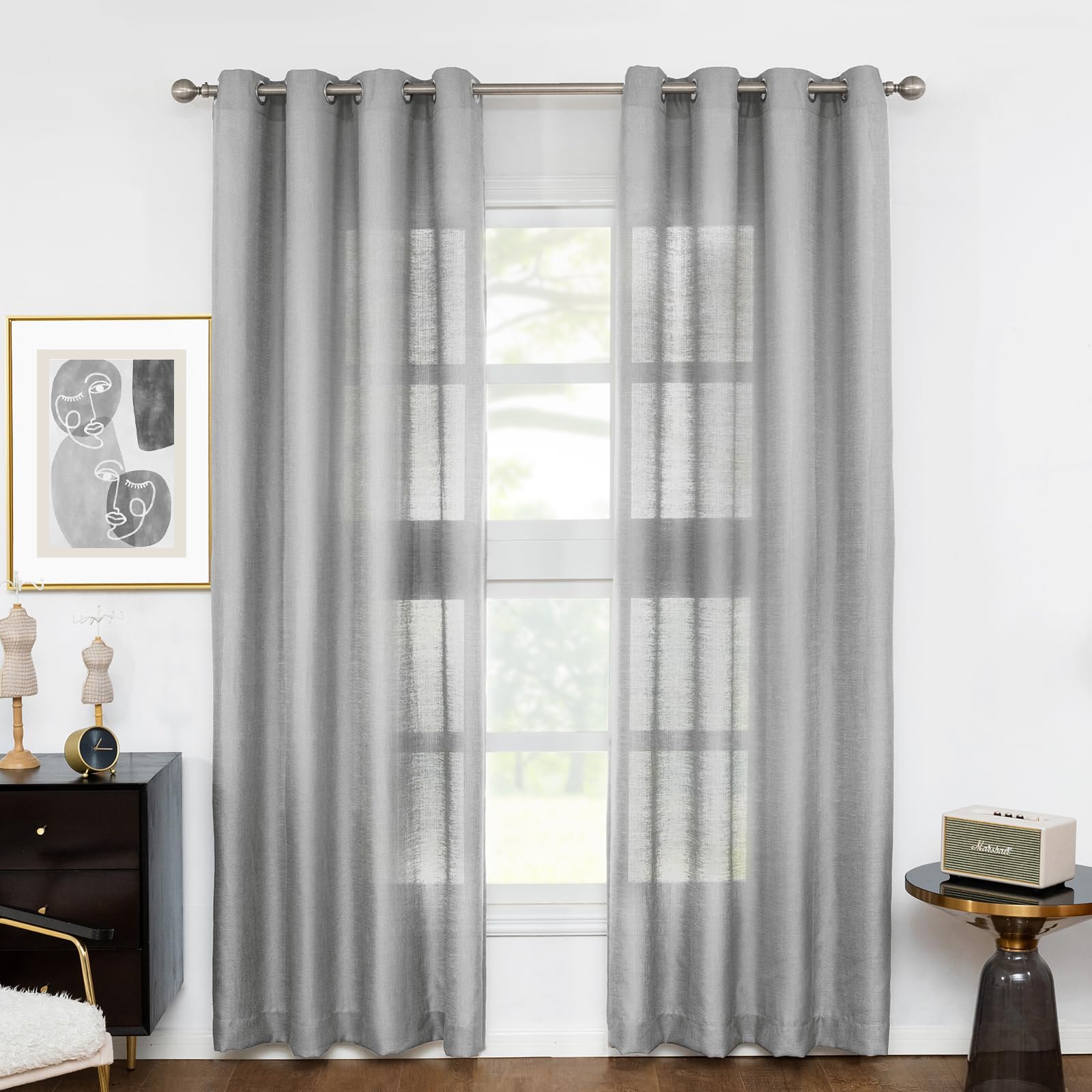 Melodieux Gray Semi Sheer Curtains 96 Inches Long for Living Room, Bedroom Faux Linen Light Filtering Grommet Privacy Sheer Drapes, 52 by 96 Inch, 2