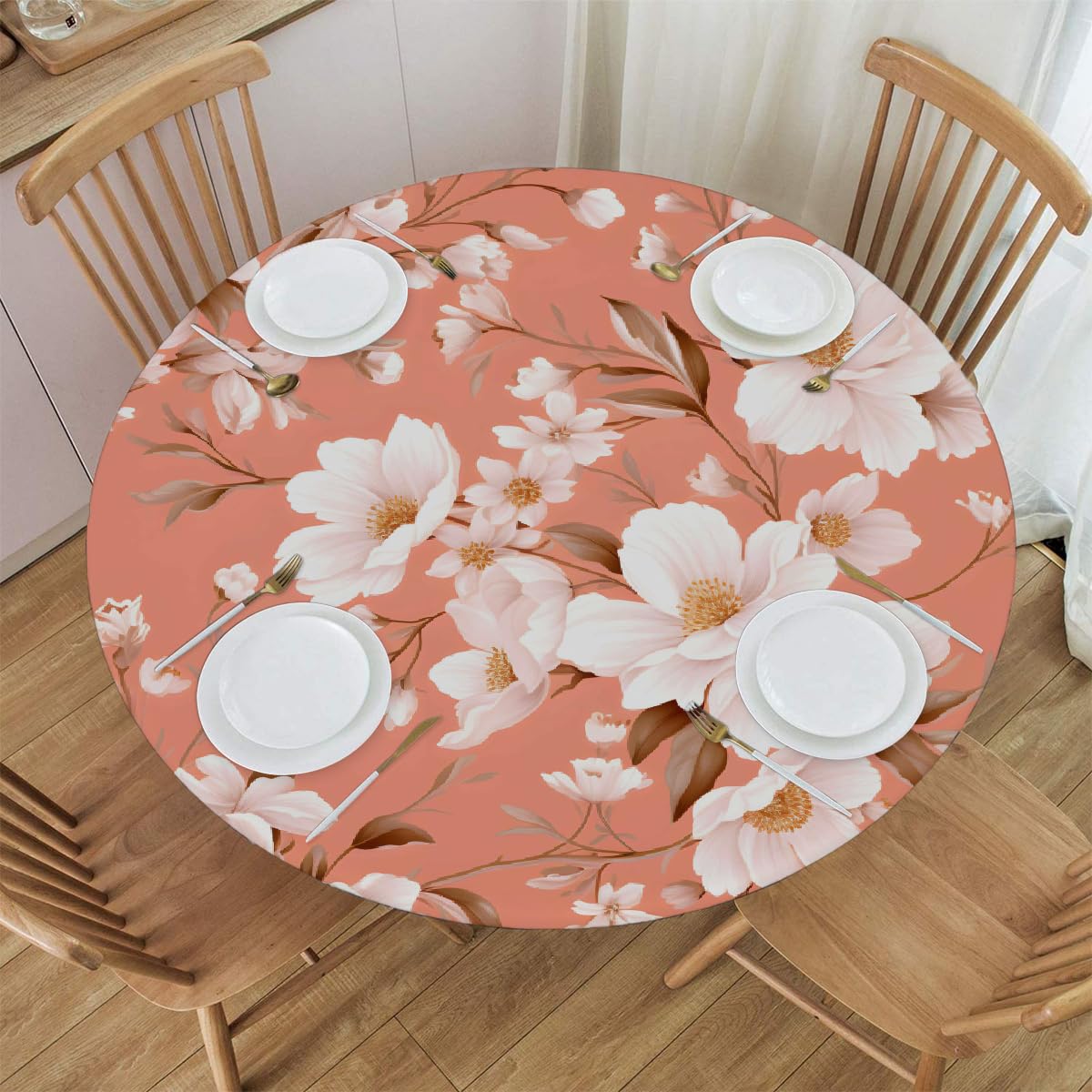 KNEMI Romantic Floral Fitted Round Tablecloth with Elastic Edge, Waterproof Table Cloth Wipe Clean Round Table Cover for Outdoor Garden Patio Dining Table, Fits Round Tables Up To 40"- 44" Diameter