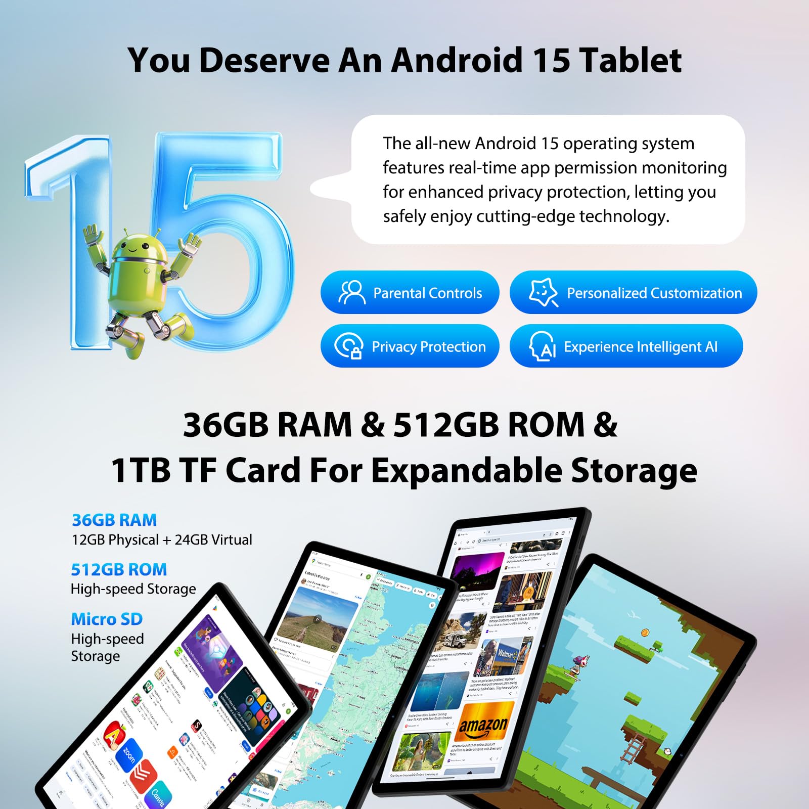 Tablette 11 Pouces Android 15 Tablette Tactile avec 4G LTE/5GWLAN,36GB+512GB/OctaCore/9580mAh/13MP+8MP/GMS,Étui,Tablet avec Clavier,Noir