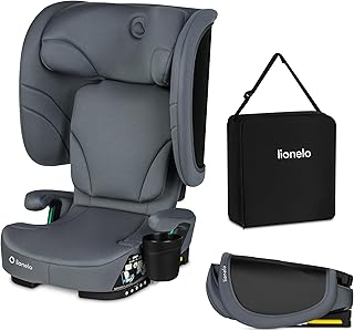 Lionelo Orin i-Size R129 Kindersitz 100–150 cm, Faltbarer & Leichter Reise-Kindersitz ab ca. 3,5–12 Jahren, 14-fach Kopfstütze & 5-fach Rückenlehne, ISOFIX oder Fahrzeuggurt, inkl. Transporttasche