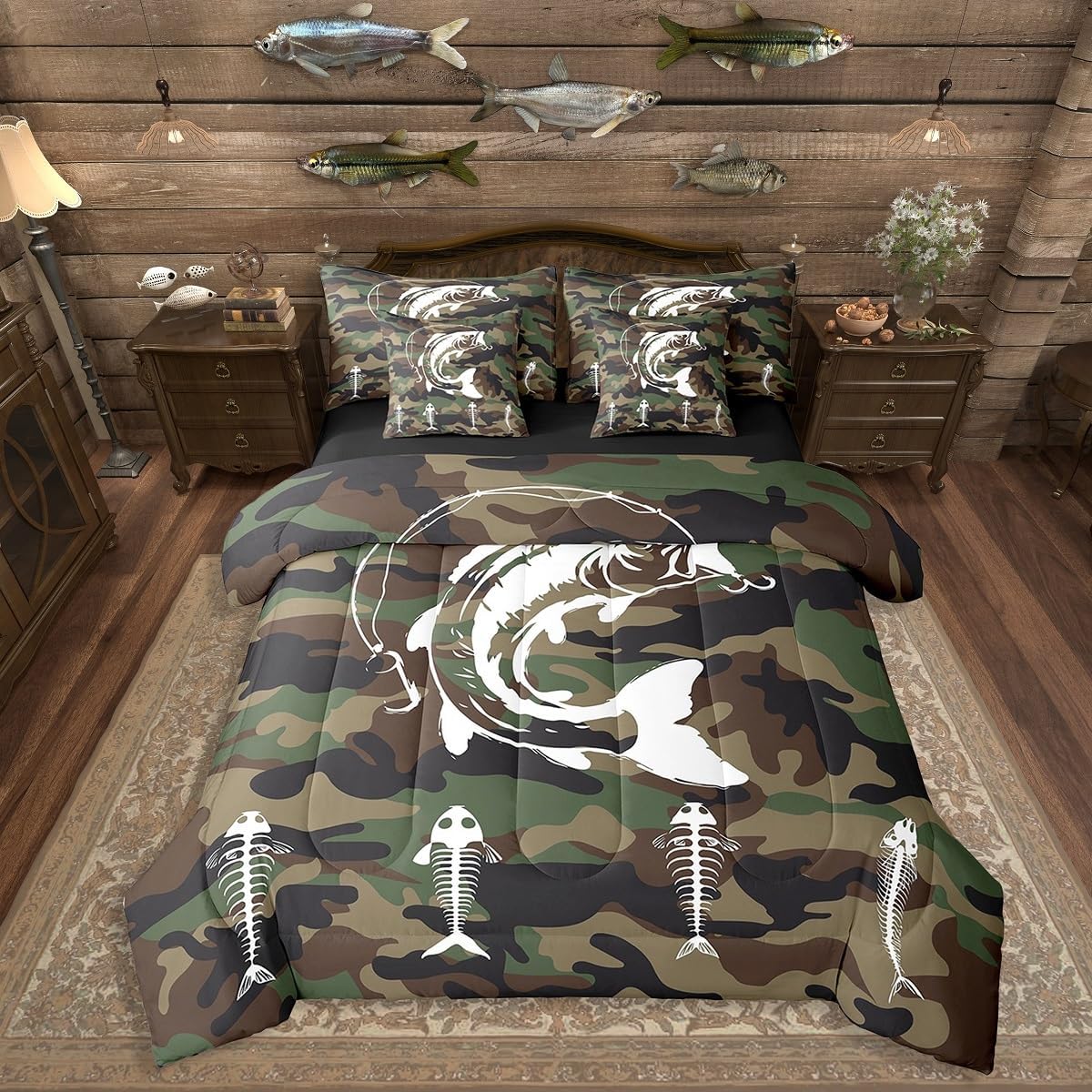 Erosebridal Camouflage Fish Bedding Sets, Camo Animals Soft 7 Piece Queen Comforter Set for Kids Boys Girls, Fishbone Sea Life Print Bed in a Bag Bed Set for Bedroom, Hunting and Fishing Sheets Set
