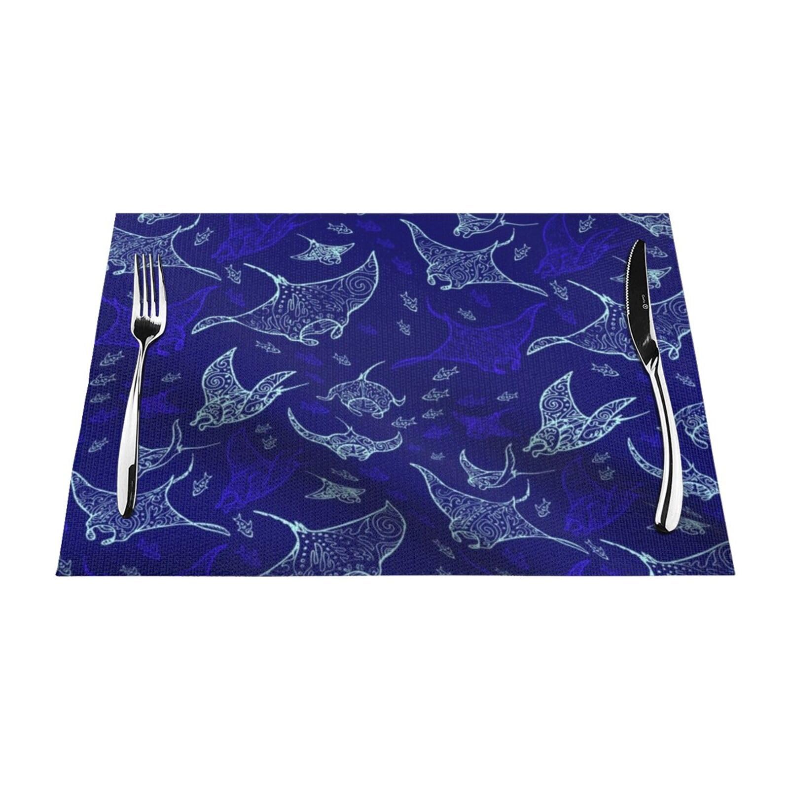 PVC Placemat Set of 6 PCS, 45x30 CM, Manta Ray and Fish Printed Non-Slip Heat Resistant Place Mats for Kitchen Dining Table Indoor Outdoor