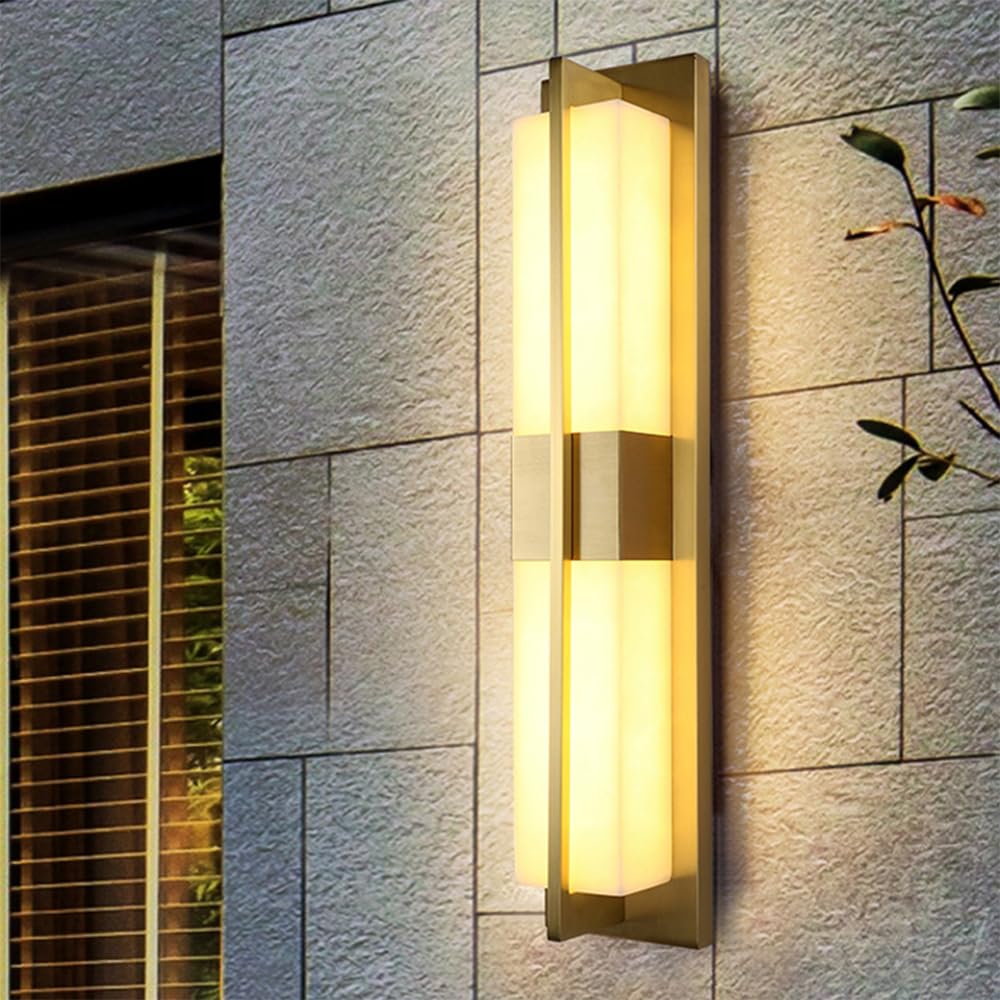 KXEcoLife Contemporary LED Outdoor Brass Wall Lamp Electric Simplicity Waterproof Art Balcony Hallway Courtyard Villa Gate Hotel Corridor Marble Lights (J H80CM Electric)