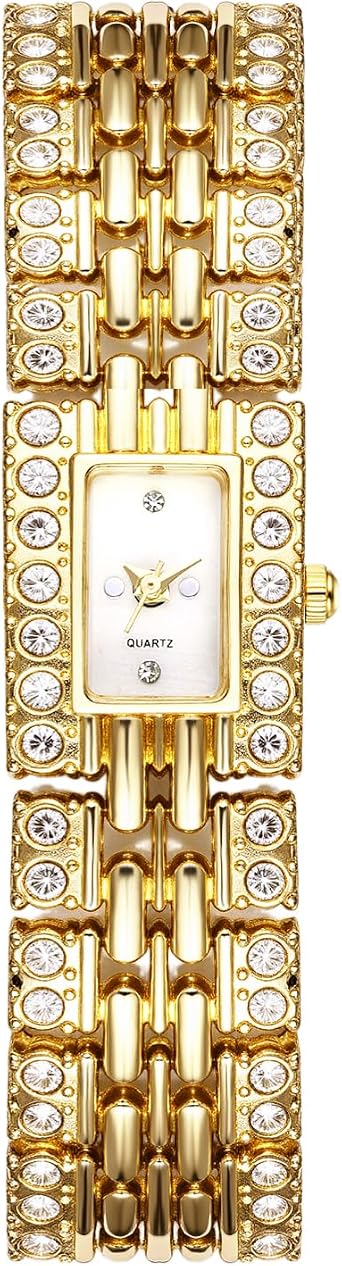 JewelryWe Women's Square Iced-Out Watch - Hip Hop Gold Bling Analog Quartz Full Diamond Elegant Wristwatch for Ladies