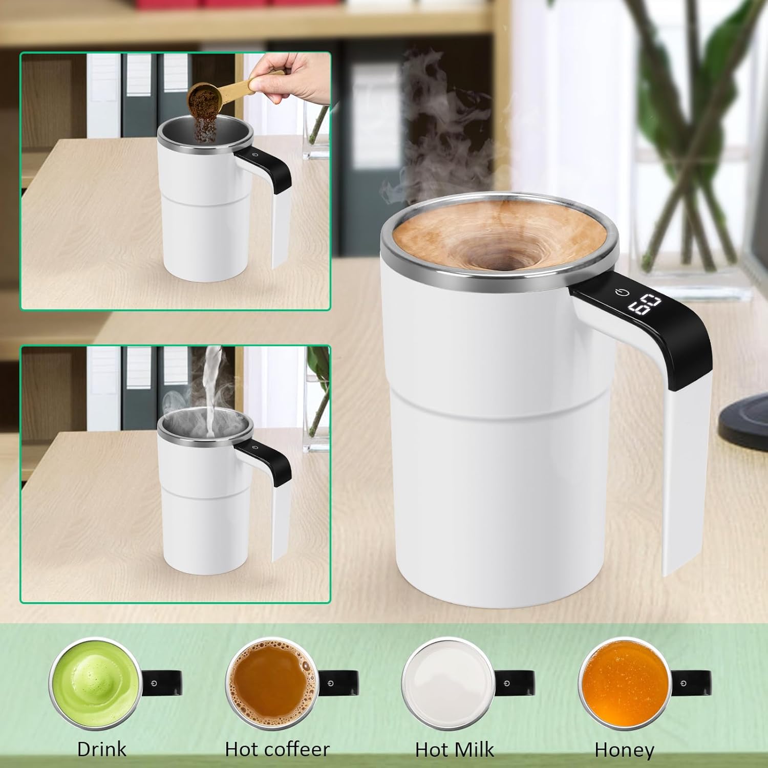 Self Stirring Mug, Auto Magnetic Coffee Mug with LED Display Temperature, Rechargeable Automatic Stirring Cup, 12oz Self Mixing Cup with Lid To Stir Coffee Mixed Milk at Desk Use