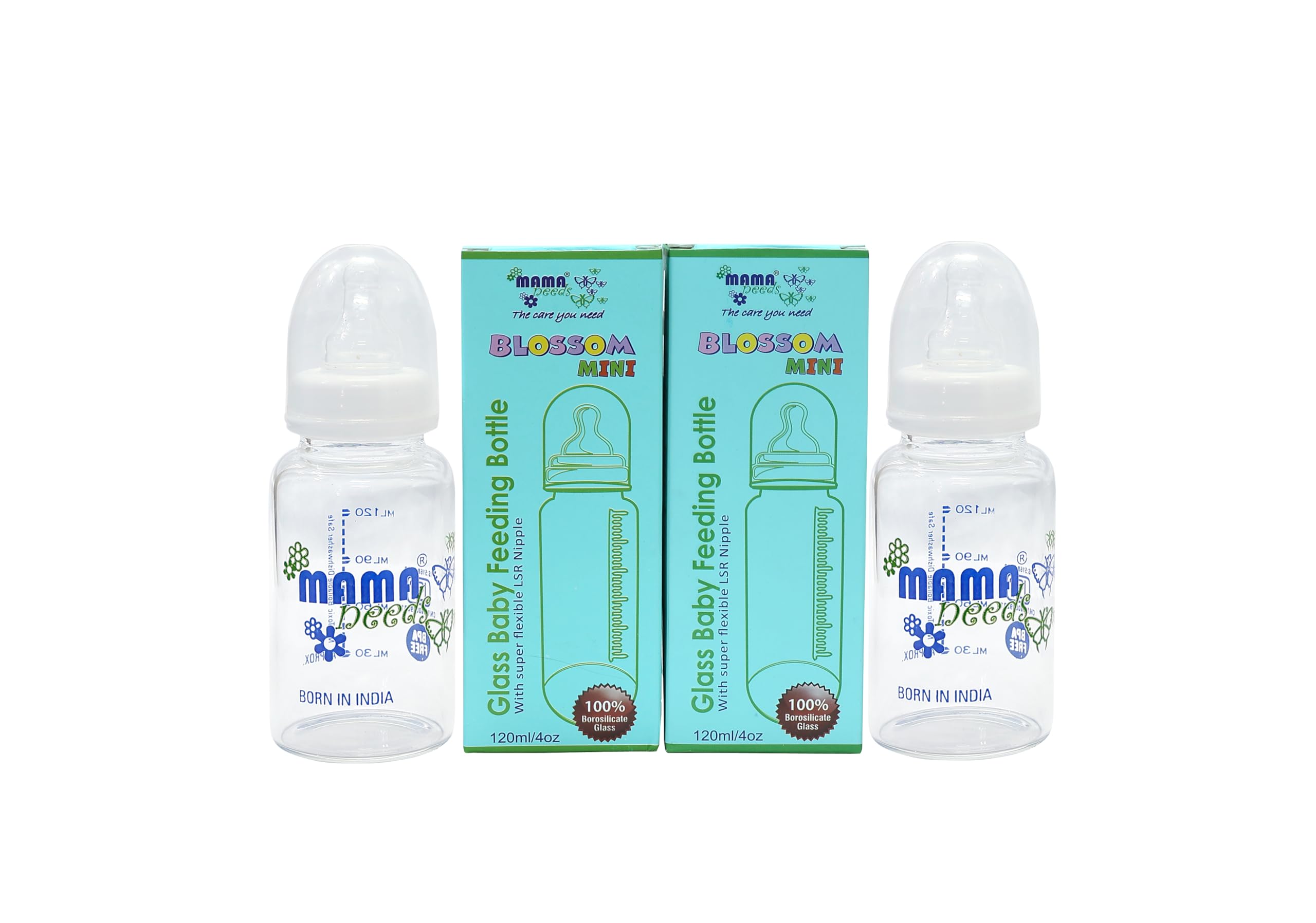 Blossom Mini - Baby Borosilicate Glass Feeding Bottle for New Born | Reduces Colic | Keep Vitamins and Nutrients Intact | BPA Chemical Free | Wide Neck - Easy to Clean | Odour Free | Temperature Resistant | Baked Thrice for Strength | Comes with Soft Silicone Nipple, lid and a Leak Proof Cap | 30% Lighter than conventional feeding bottles | 120 ml (Pack of 2)-image-29