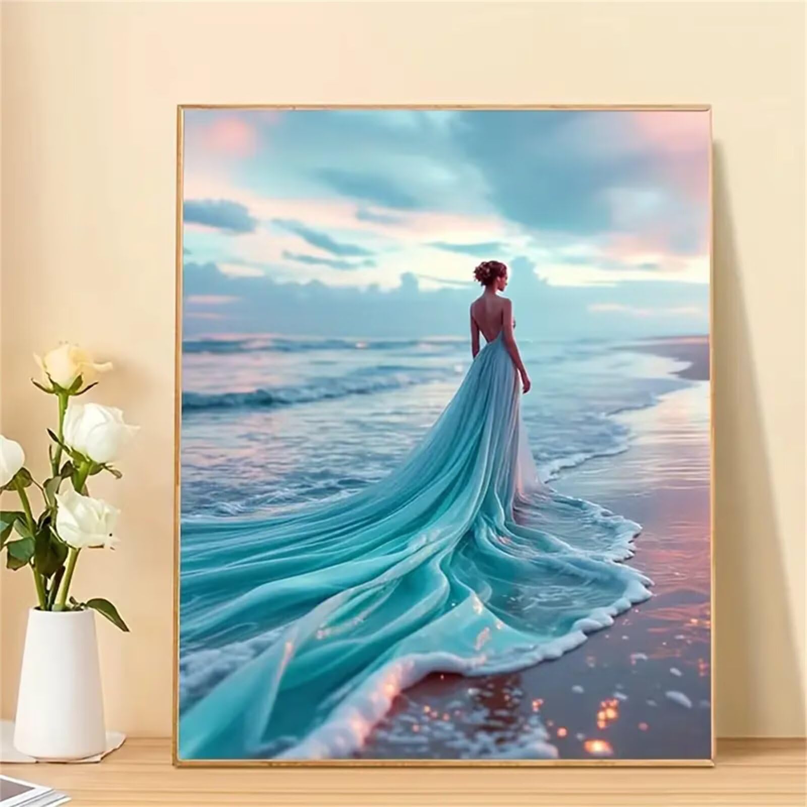 Mujer hermosa en la playa Pintar por Numeros con marco DIY Cuadro Con Números Kit de Pintura al óLeo Digital para Adultos de Lienzo Paint by numbers Kits Manualidades para Hogar Decoración 55x70 cm