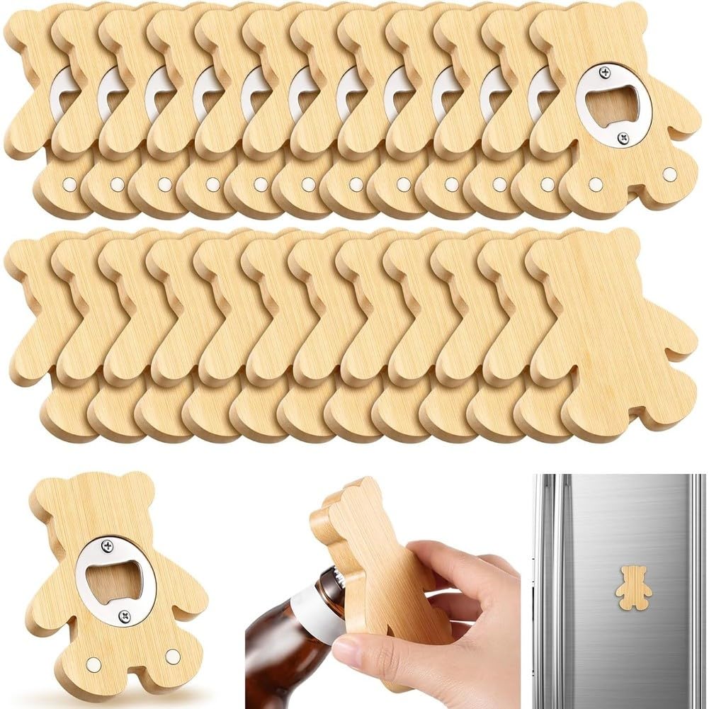 24 Piezas Abrebotellas Magnéticos 2.5" Forma de Oso de Bambú DIY Abrebotellas de Madera para Cerveza Imán de Refrigerador Regalo