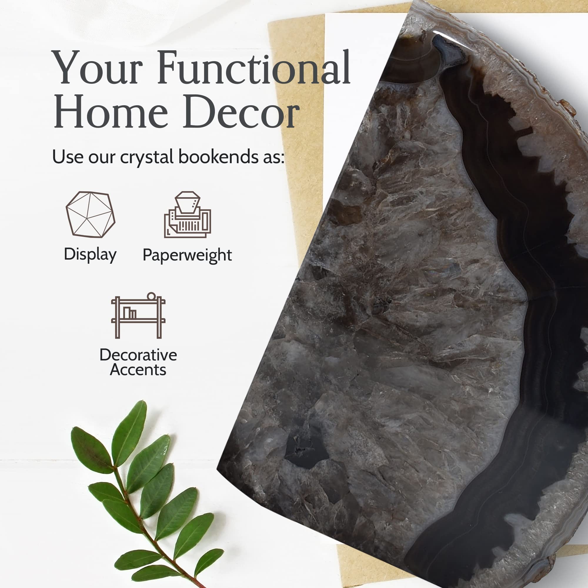 Nature's Decorations Fermalibri in agata nera – Fermalibri in cristallo decorativo resistente di grado A, non tossico, per scaffali e librerie, decorazione per librerie in geode lucido, 1 paio da 0,9